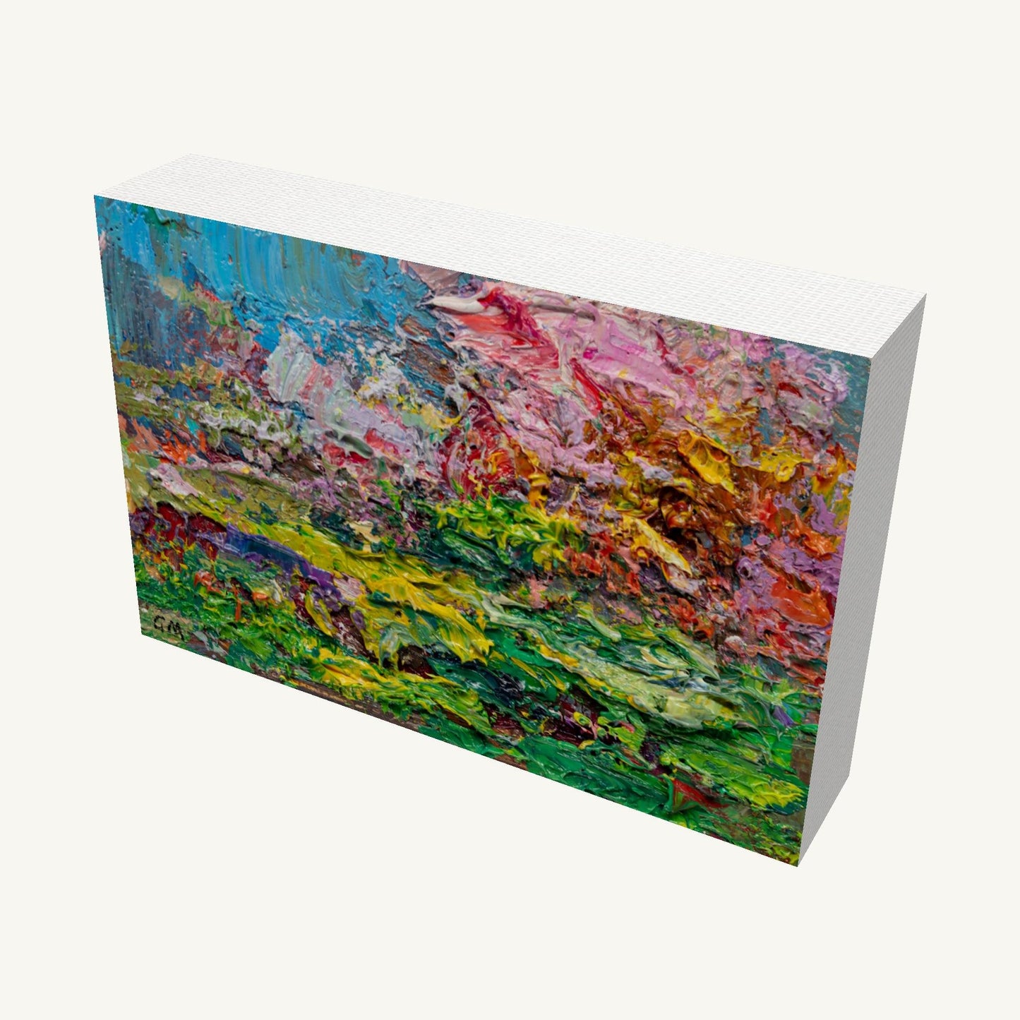 Abstract landscape oil painting with thick impasto texture on gallery-wrapped canvas, viewed at an angle, showcasing vibrant colors and deep canvas edges