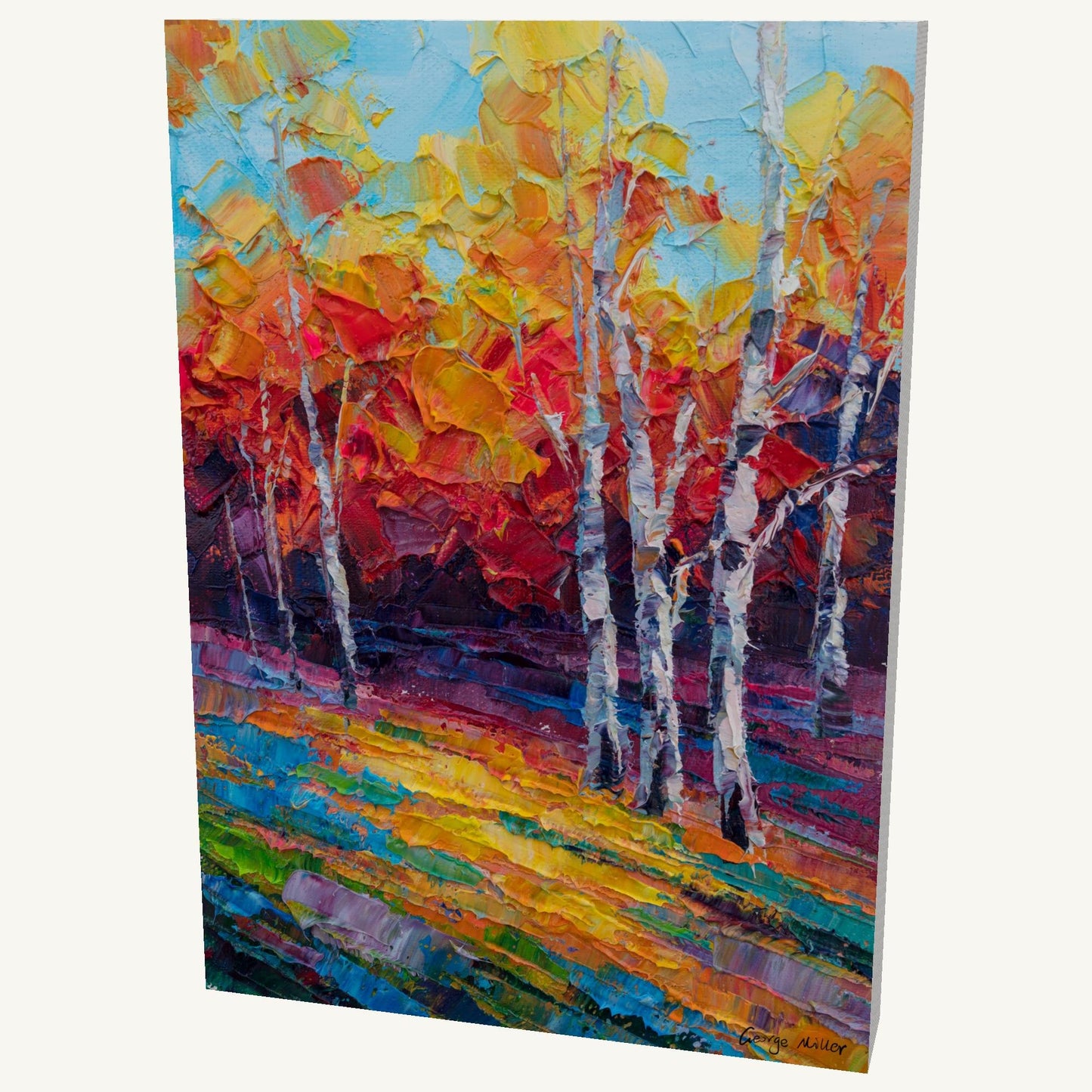 Vibrant autumn birch forest oil painting on gallery-wrapped canvas, vertical orientation, unframed, viewed at an angle showing depth and side edges