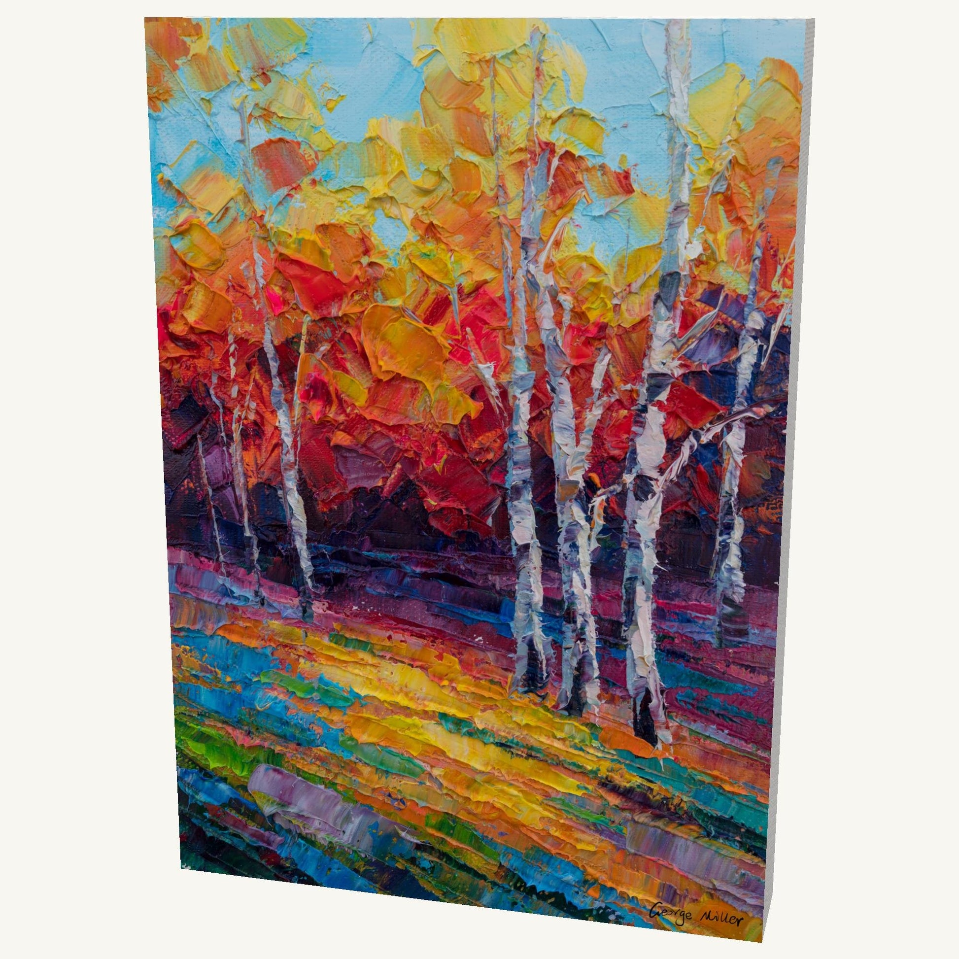 Vibrant autumn birch forest oil painting on gallery-wrapped canvas, vertical orientation, unframed, viewed at an angle showing depth and side edges