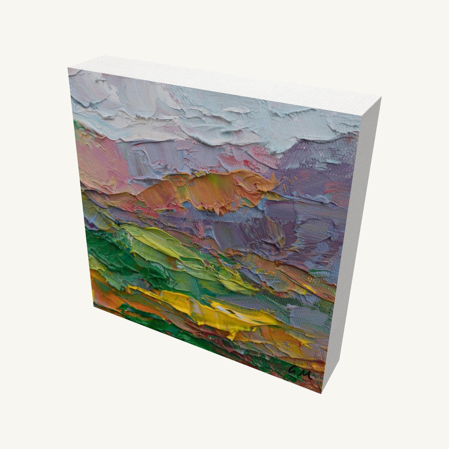 Abstract landscape oil painting on gallery-wrapped canvas with thick impasto texture, viewed at an angle showing depth and side edges, unframed and ready to hang