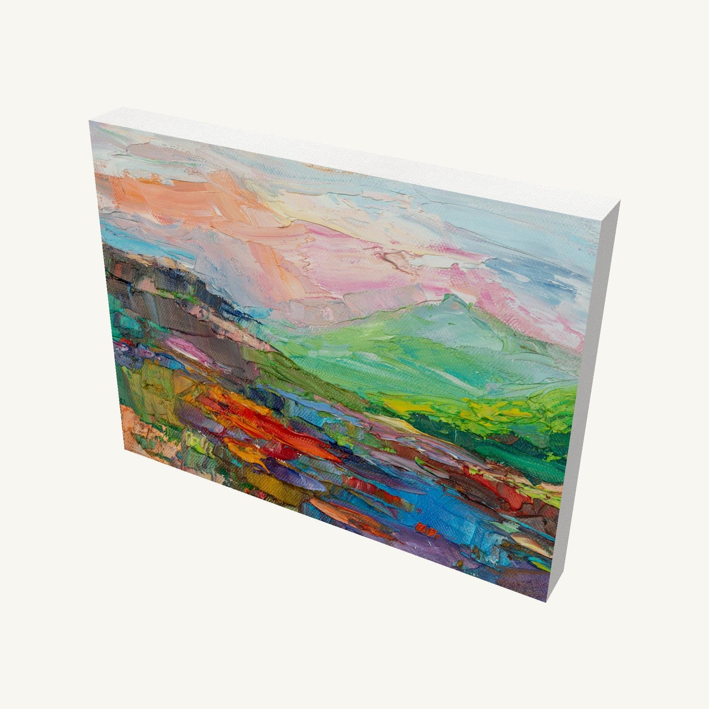 Expressive Mountain Vista by George Miller, horizontal oil painting on gallery-wrapped canvas, viewed at an angle showing depth and painted sides, unframed