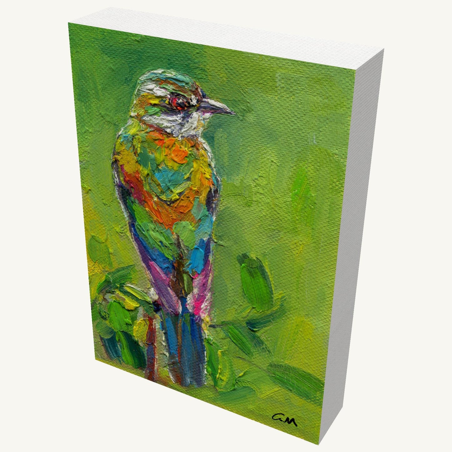 Vibrant palette knife bird portrait on gallery-wrapped canvas, angled view showing depth and texture, signed by G.M., unframed and ready to hang
