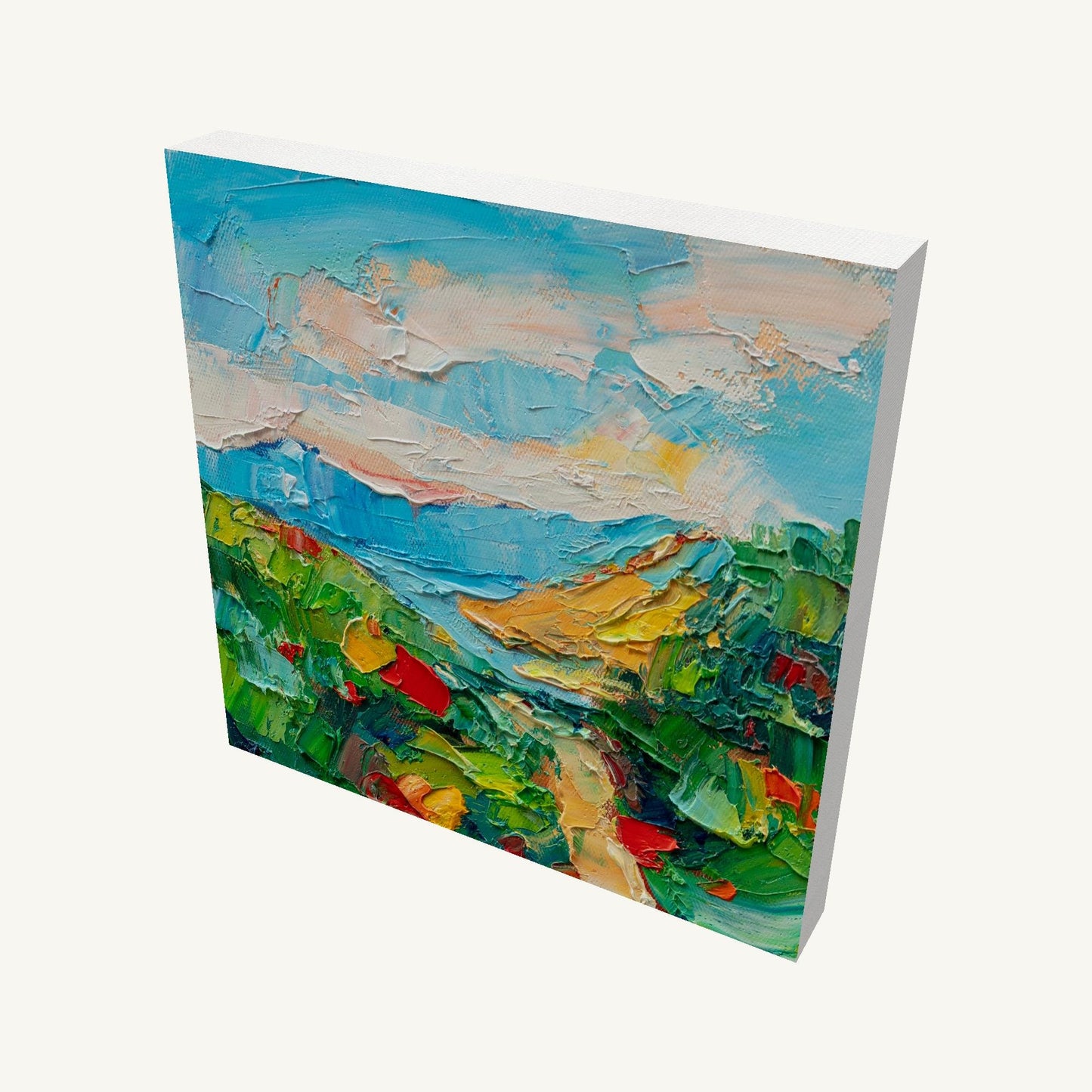 Abstract landscape oil painting on gallery-wrapped canvas, 10x10 in, viewed at angle showing depth and textured brushwork in blue, green, and yellow hues