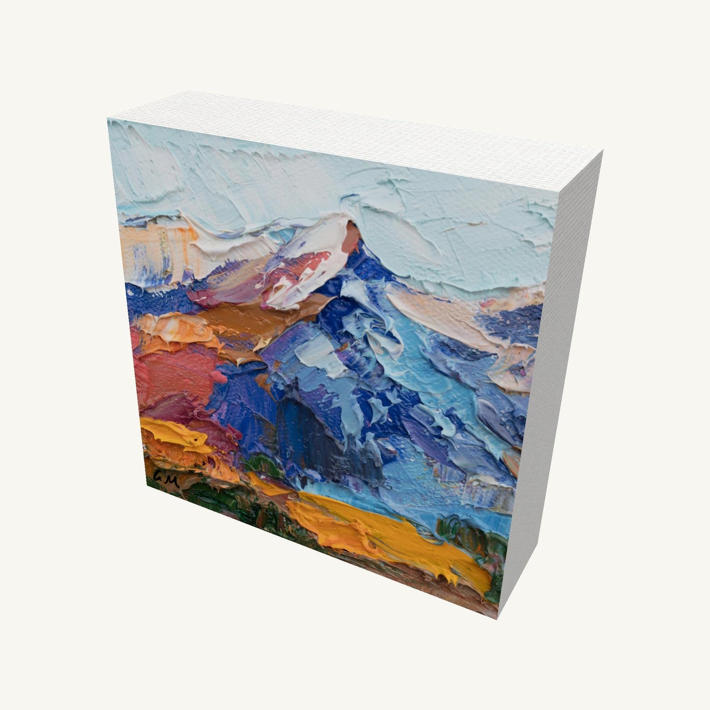 Abstract mountain landscape oil painting on gallery-wrapped canvas, 4x4in, viewed at an angle showing depth and textured brushwork