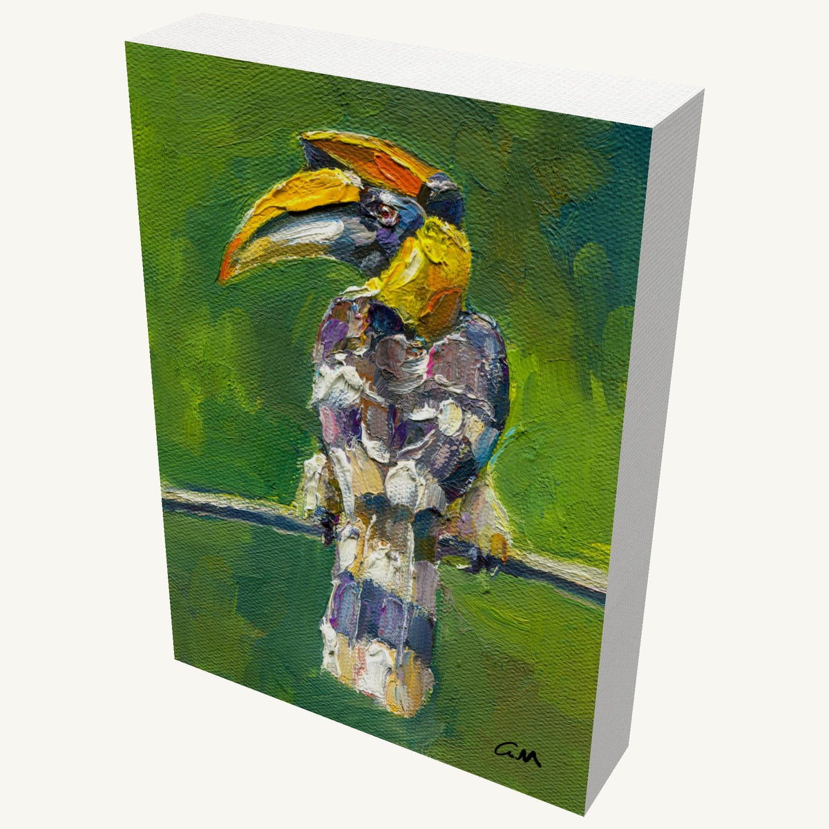 Vibrant oil painting of a toucan perched on a branch, gallery-wrapped canvas with visible depth and side edges, signed by artist, set against a green background