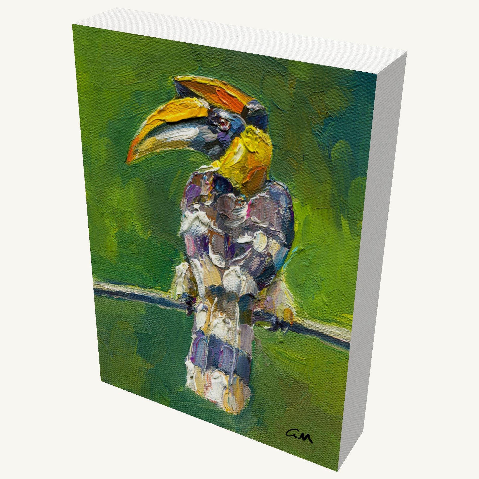 Vibrant oil painting of a toucan perched on a branch, gallery-wrapped canvas with visible depth and side edges, signed by artist, set against a green background