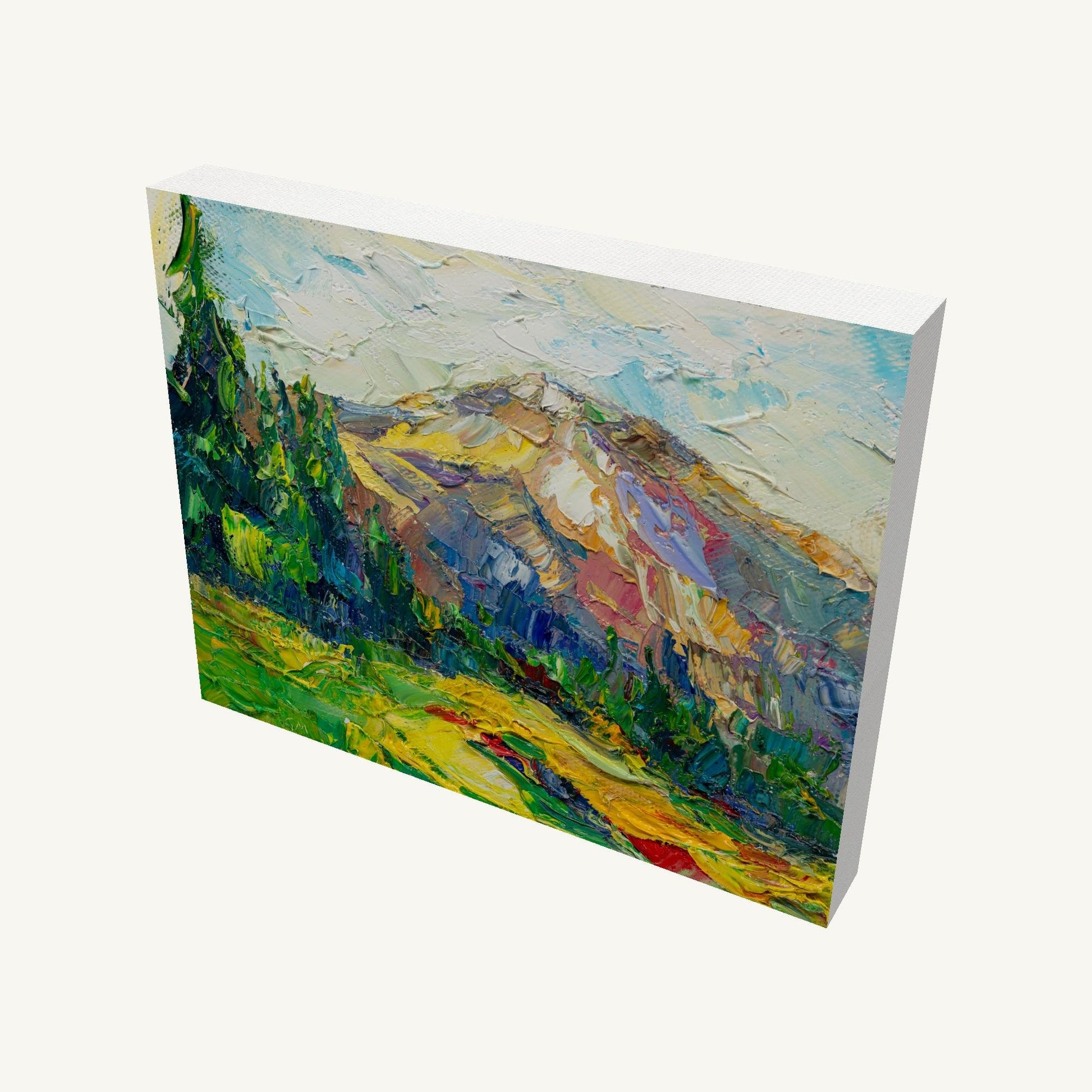 Serene mountain landscape oil painting on gallery-wrapped canvas, viewed at an angle, showcasing textured brushwork and vibrant greens, yellows, and blues, unframed and ready to hang