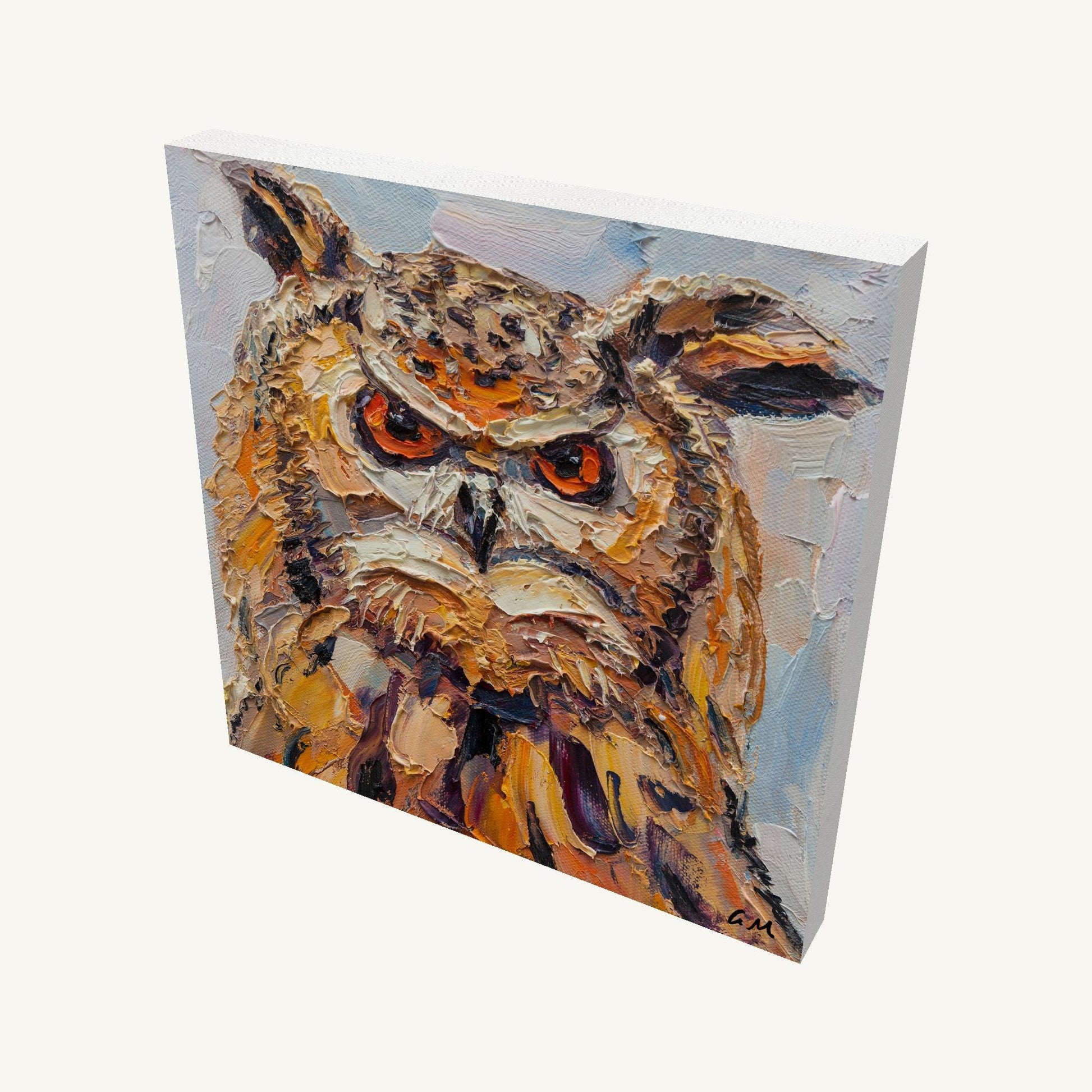Gallery-wrapped oil painting of a textured owl portrait in brown, orange, and white, viewed at an angle with visible canvas depth and side edges, unframed and ready to hang
