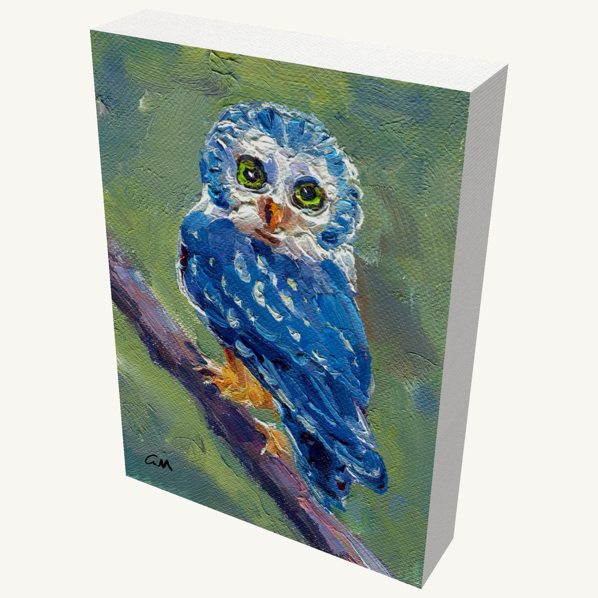 Textured blue owl portrait on gallery-wrapped canvas, viewed at an angle, showing depth and painted sides, signed by artist George Miller