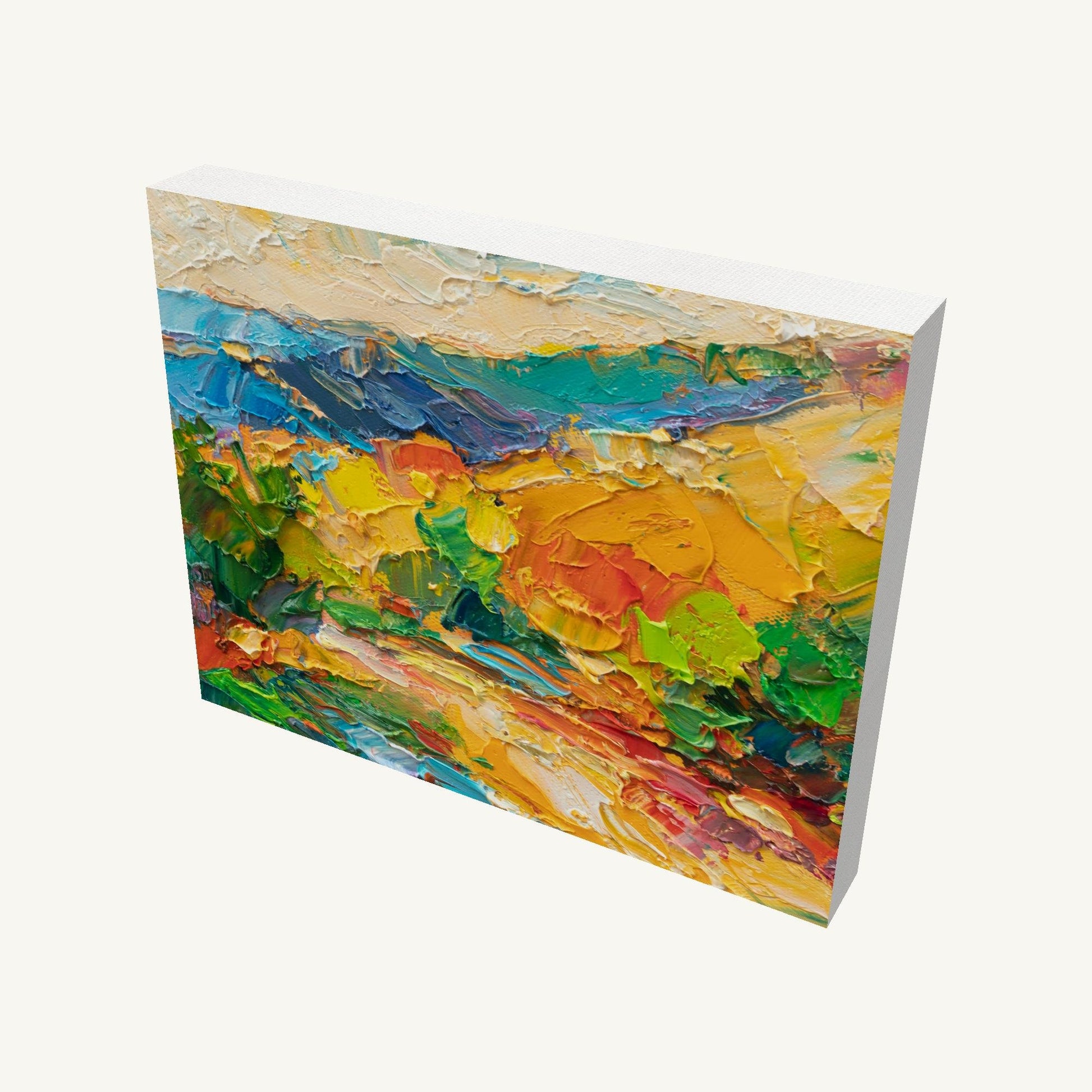 Abstract landscape oil painting on gallery-wrapped canvas, 10x8 in, viewed at an angle showing textured brushwork and vibrant colors, unframed and ready to hang