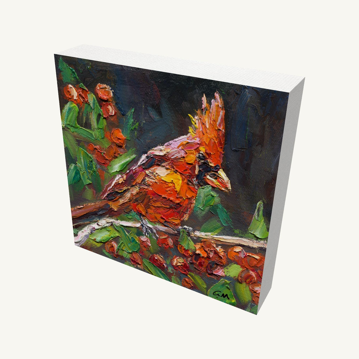 Vibrant oil painting of a cardinal bird perched on a branch, gallery-wrapped canvas with visible depth and side edges, unframed and ready to hang