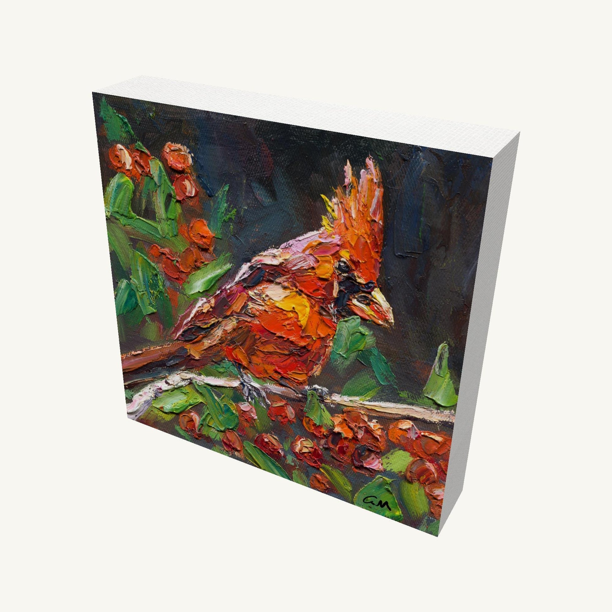 Vibrant oil painting of a cardinal bird perched on a branch, gallery-wrapped canvas with visible depth and side edges, unframed and ready to hang