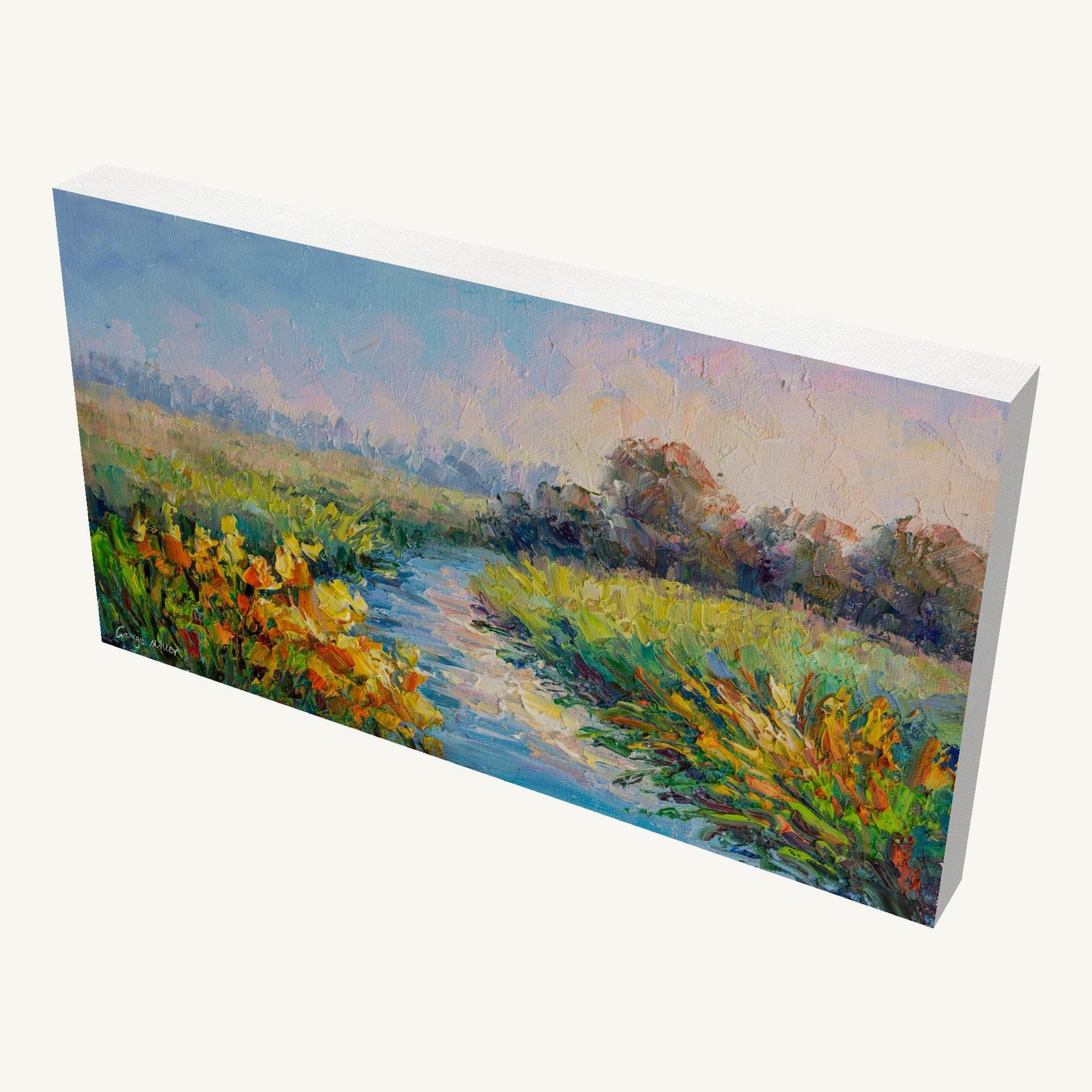 Hand-painted stream landscape on gallery-wrapped canvas, angled view showing depth and painted sides, unframed and ready to hang