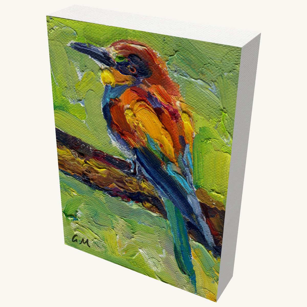 Vibrant oil painting of a colorful bird perched on a branch, gallery-wrapped canvas with visible depth and texture, signed by artist, viewed at an angle