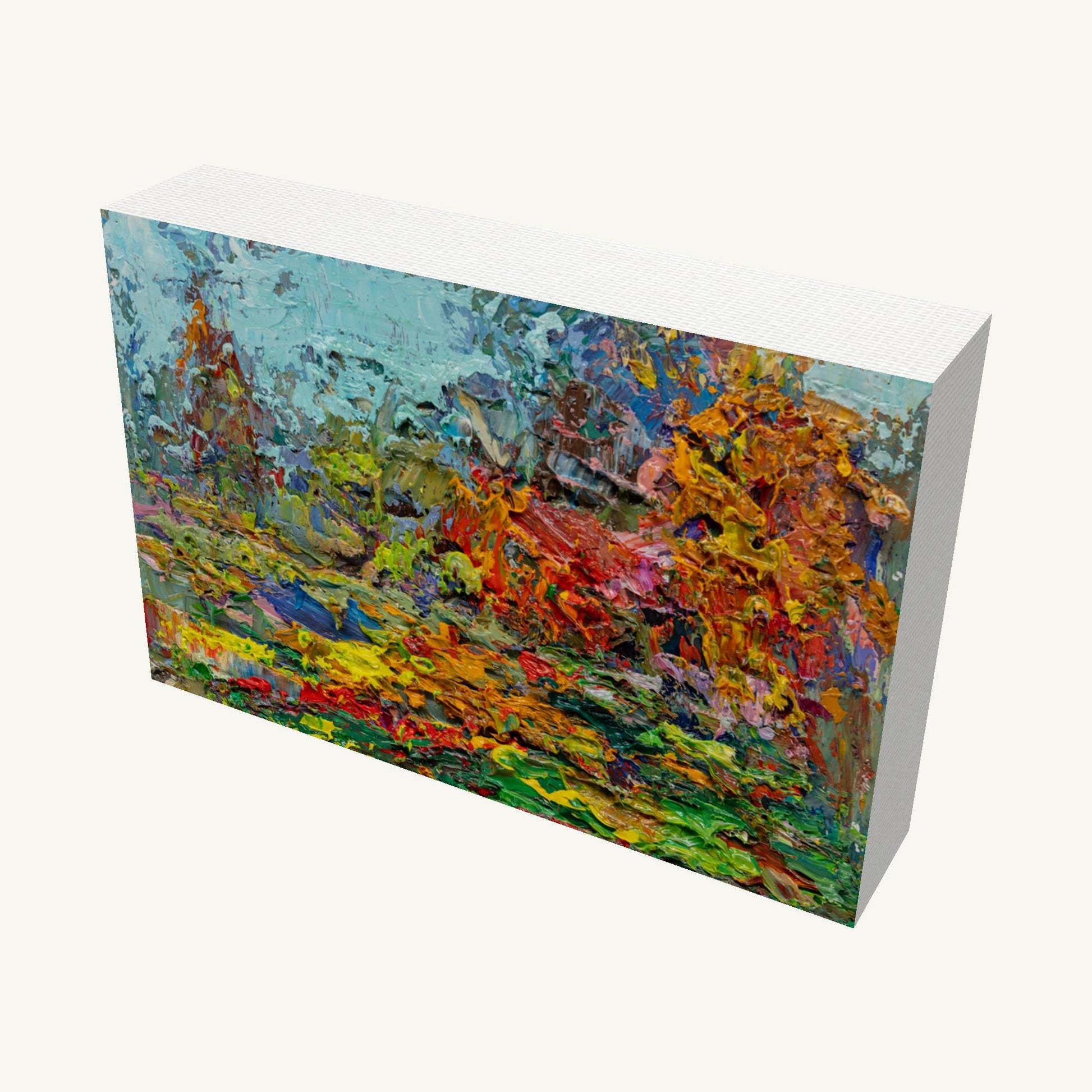 Hand-painted abstract landscape on gallery-wrapped canvas, viewed at an angle, showcasing vibrant colors and textured oil paint with visible depth and side edges