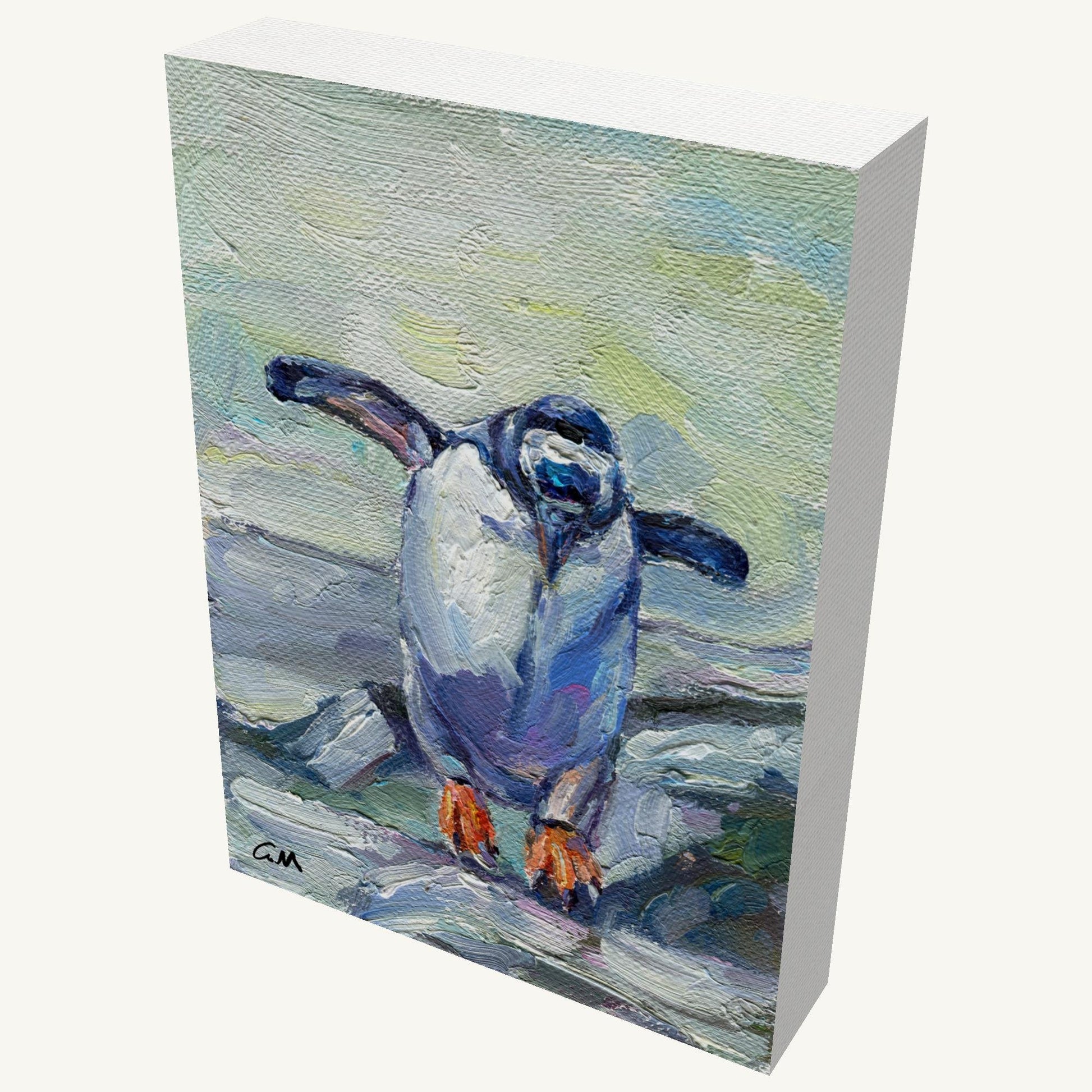 Abstract penguin oil painting on gallery-wrapped canvas, vertical orientation, signed by artist, viewed at angle showing depth and side edges