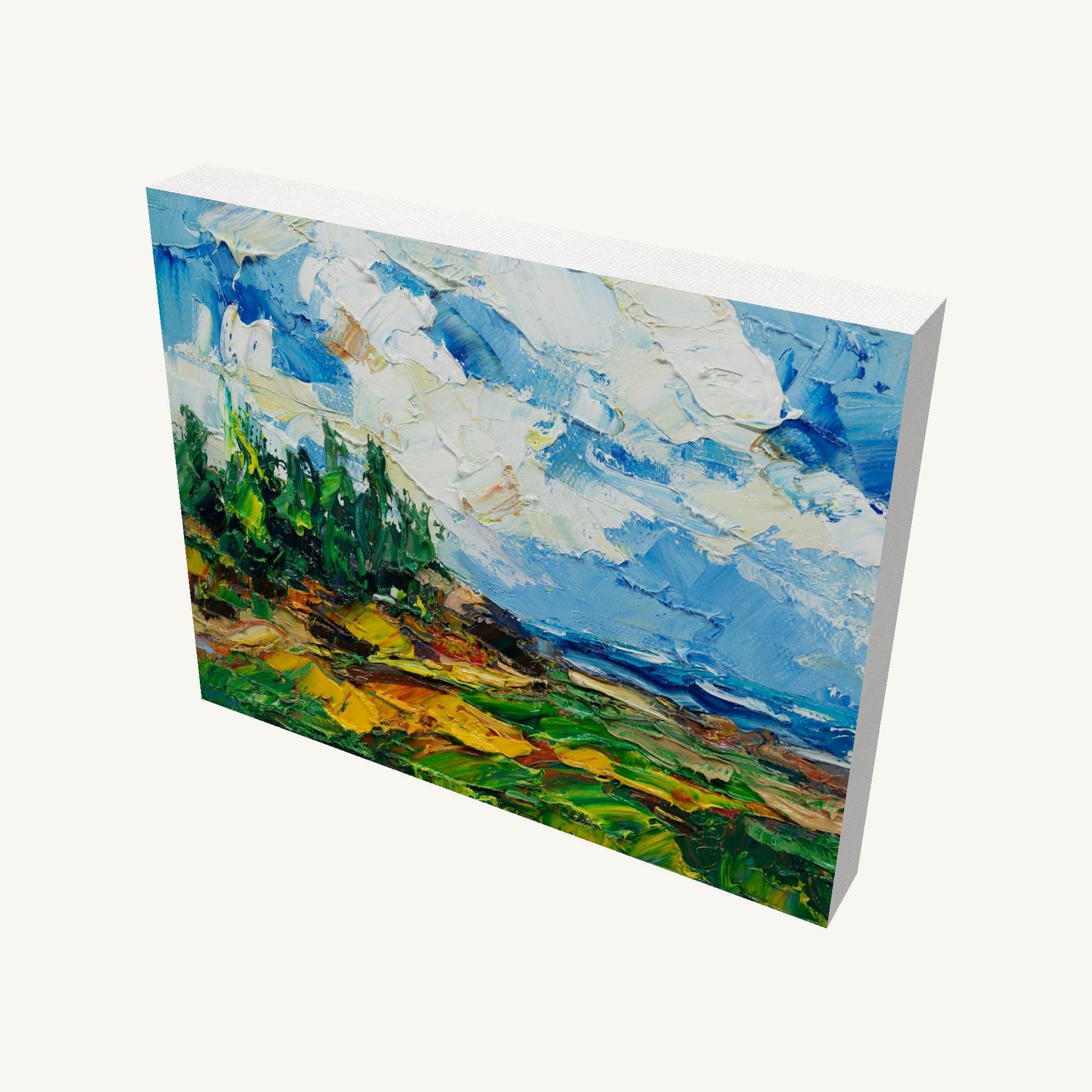 Gallery-wrapped canvas painting of a coastal landscape with thick impasto texture, viewed at an angle showing depth and painted sides, unframed and ready to hang
