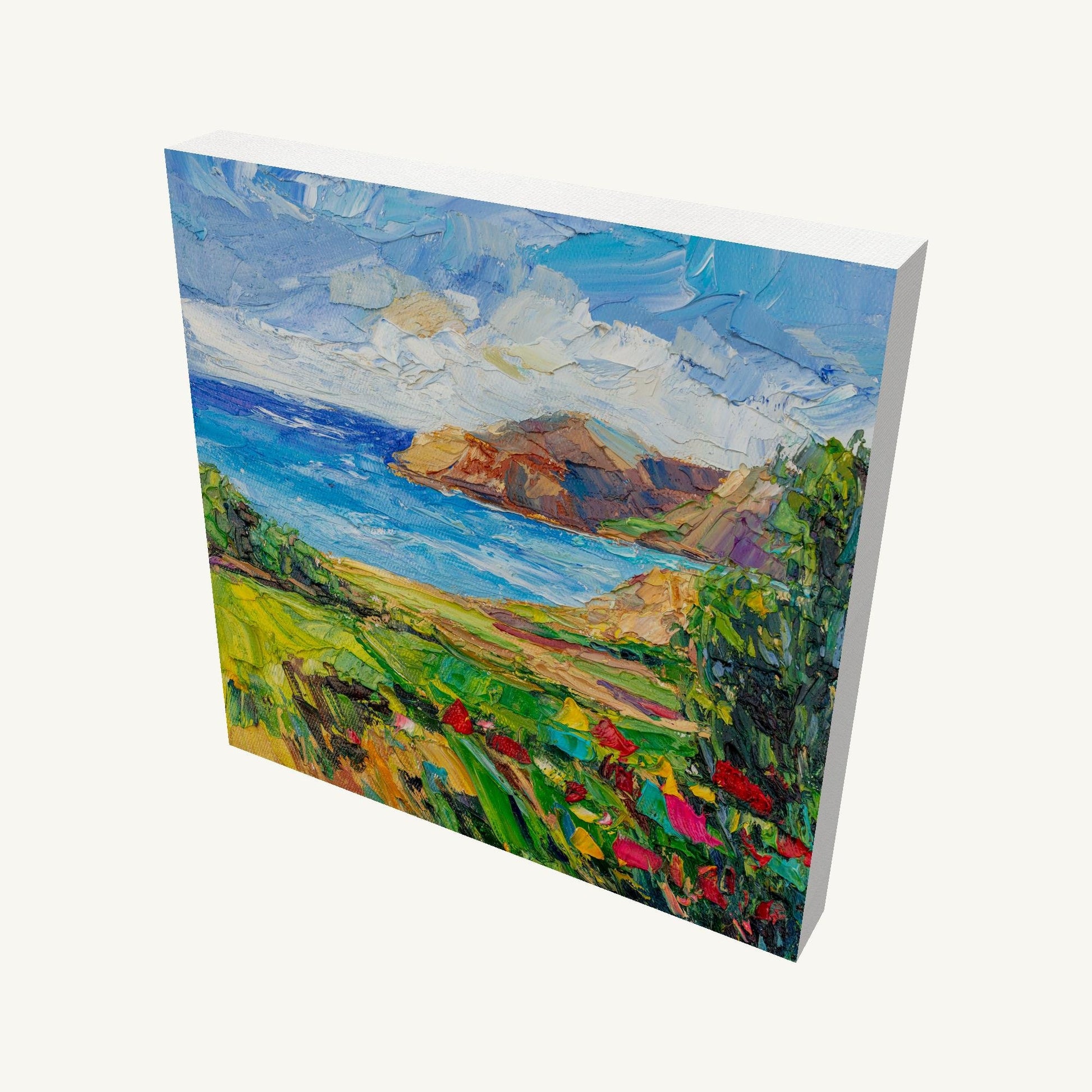 Coastal landscape oil painting on gallery-wrapped canvas, 10x10 in, viewed at angle showing depth and painted sides, unframed and ready to hang