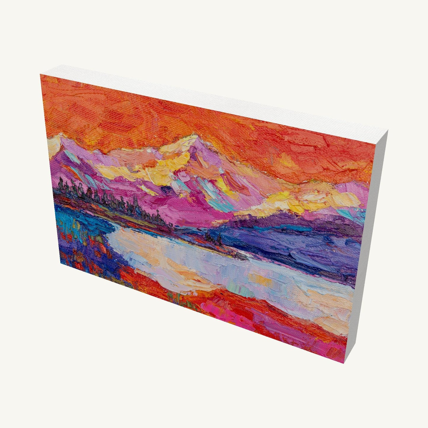 Hand-painted mountain sunset on gallery-wrapped canvas, vibrant red and purple hues, horizontal landscape, unframed, viewed at angle with visible depth and side edges