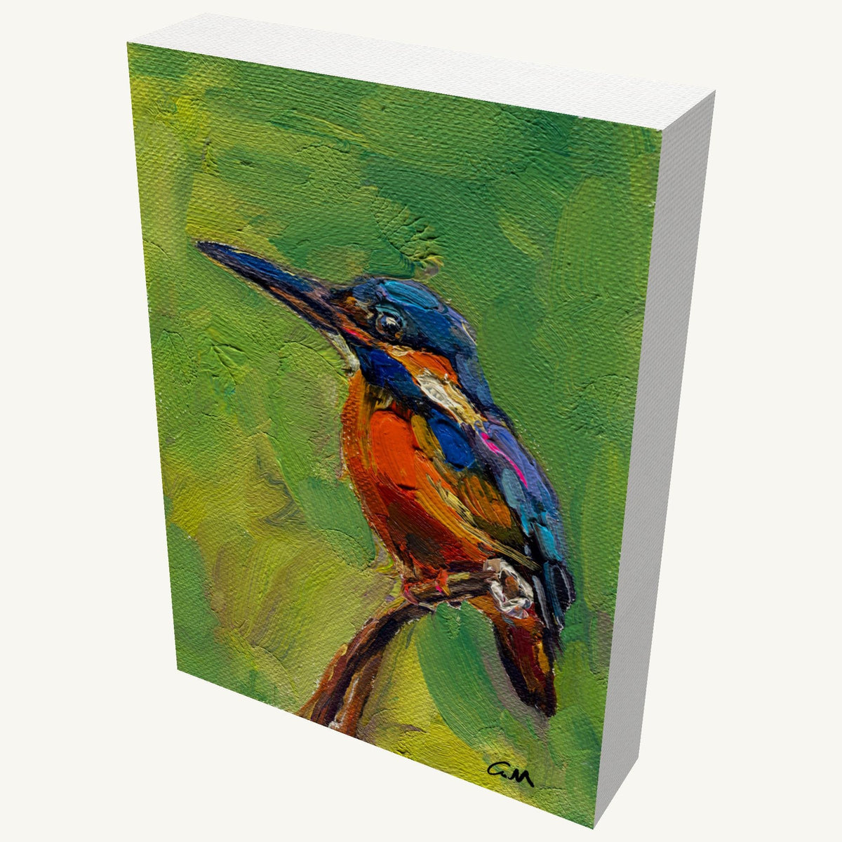 Hand-painted kingfisher bird in vibrant blues, reds, and greens on gallery-wrapped canvas, viewed at an angle with visible depth and side edges, signed by artist