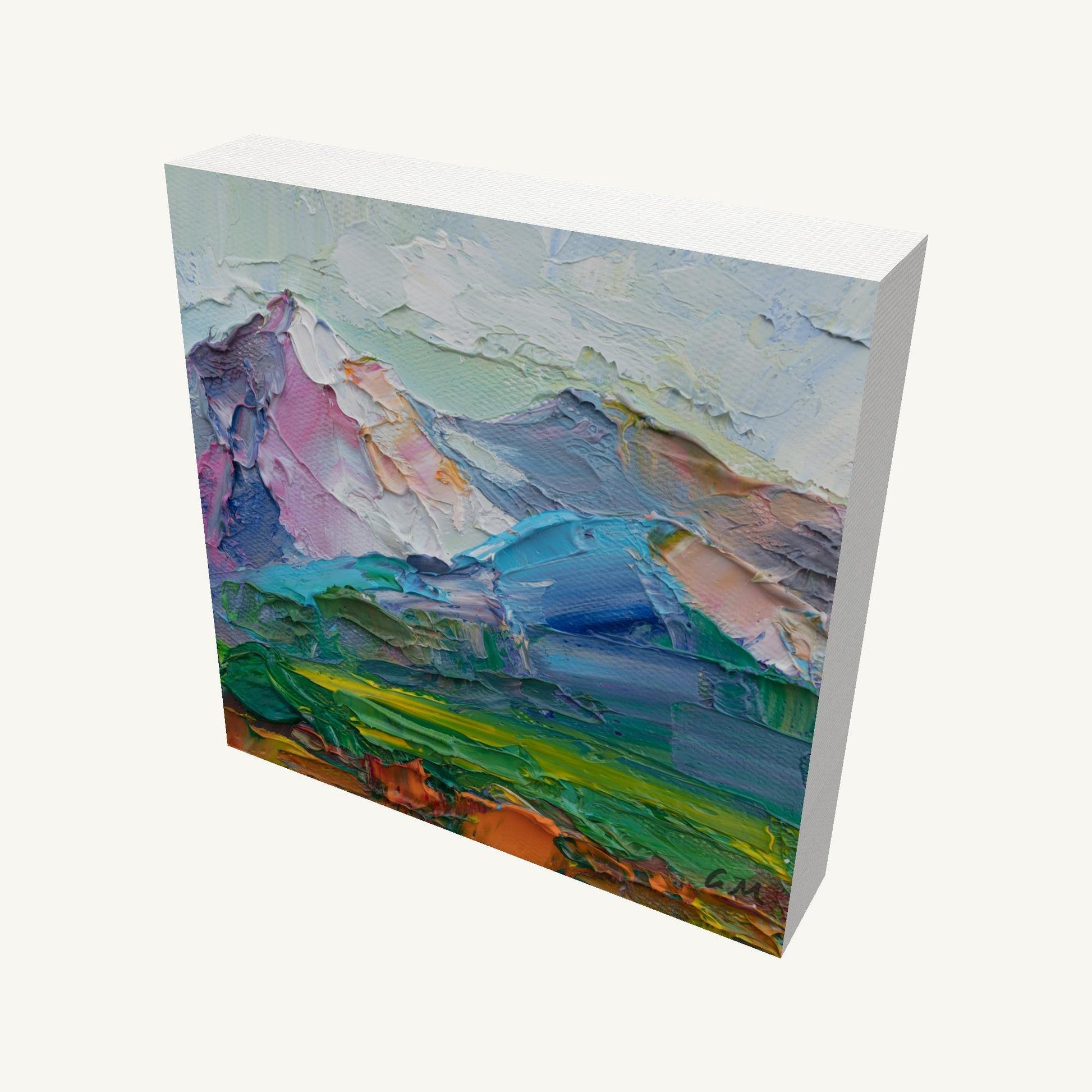 Palette knife oil painting of a mountain landscape in vibrant blues, greens, and pinks, gallery-wrapped on canvas with visible texture and depth, viewed at an angle