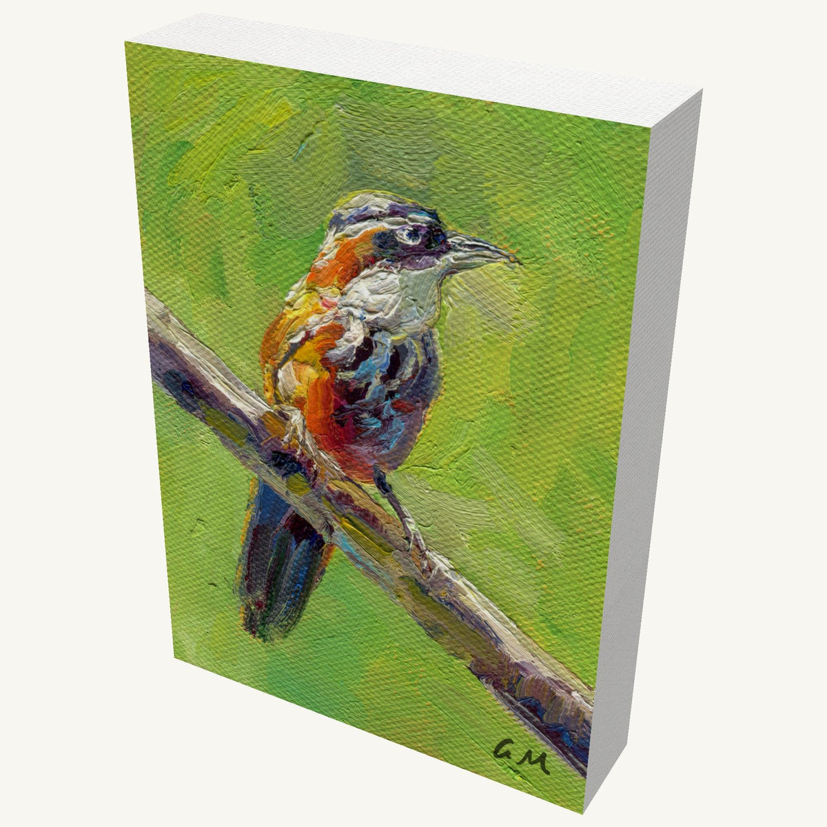 Impressionist oil painting of a colorful bird perched on a branch, gallery-wrapped canvas with visible depth and side edges, signed by artist
