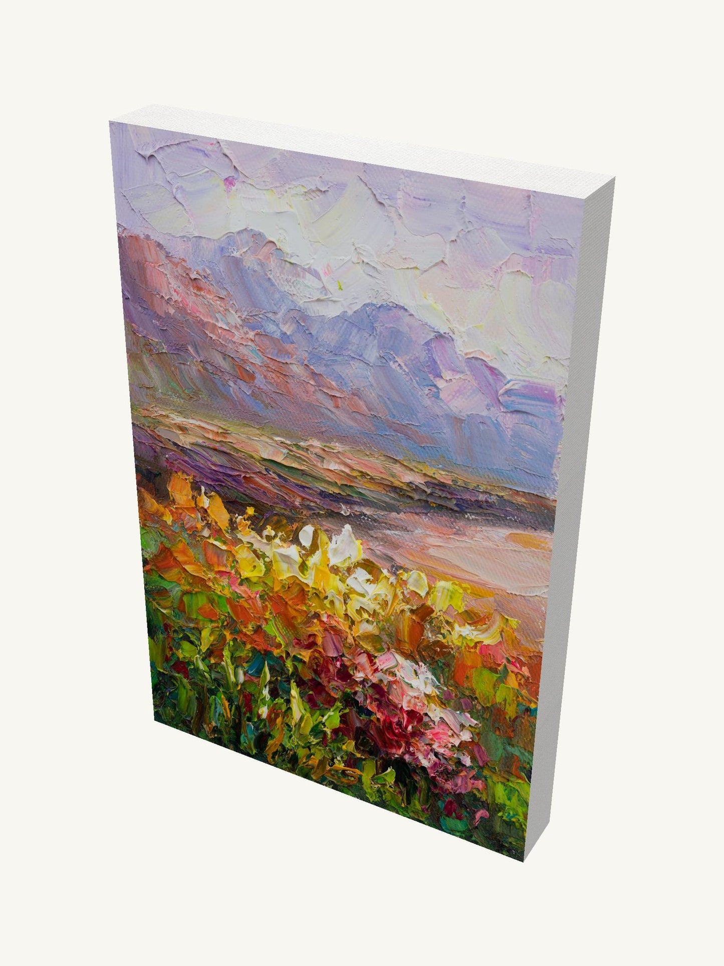 Vertical oil painting on gallery-wrapped canvas depicting a floral field at dusk with vibrant greens, yellows, and purples; viewed at an angle showing depth and side edges