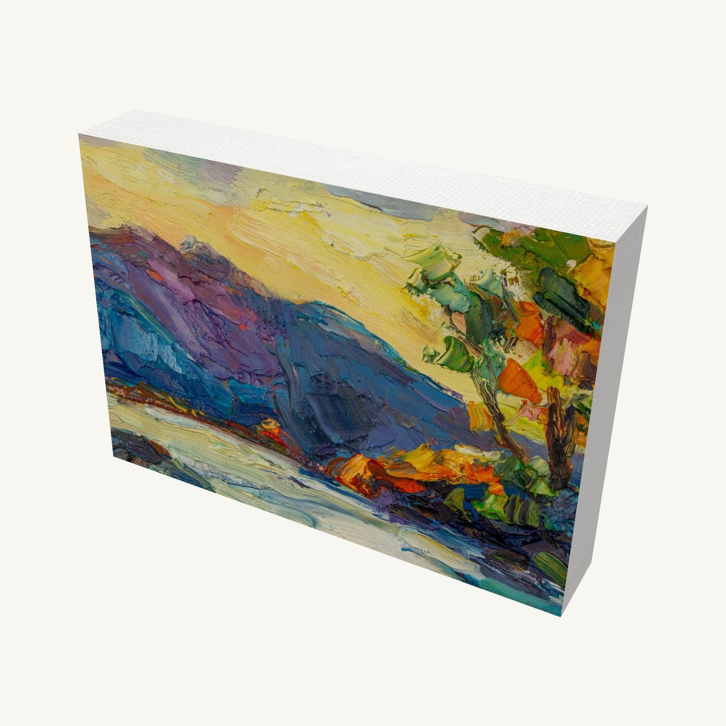 Palette Knife Mountain Vista by George Miller, gallery-wrapped canvas with visible depth and painted sides, angled view showing vibrant abstract landscape in blue, yellow, and purple hues