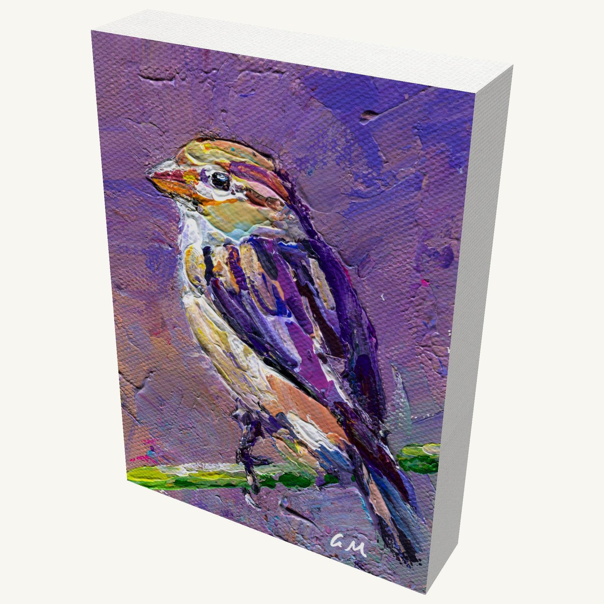 Vertical oil painting of a textured bird in purple, white, and yellow on gallery-wrapped canvas, viewed at an angle with visible depth and side edges