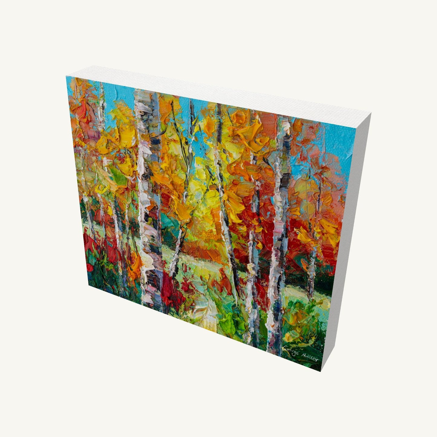 Vibrant autumn birch forest oil painting on gallery-wrapped canvas, viewed at an angle, showcasing textured brushwork and rich colors with visible depth and shadow
