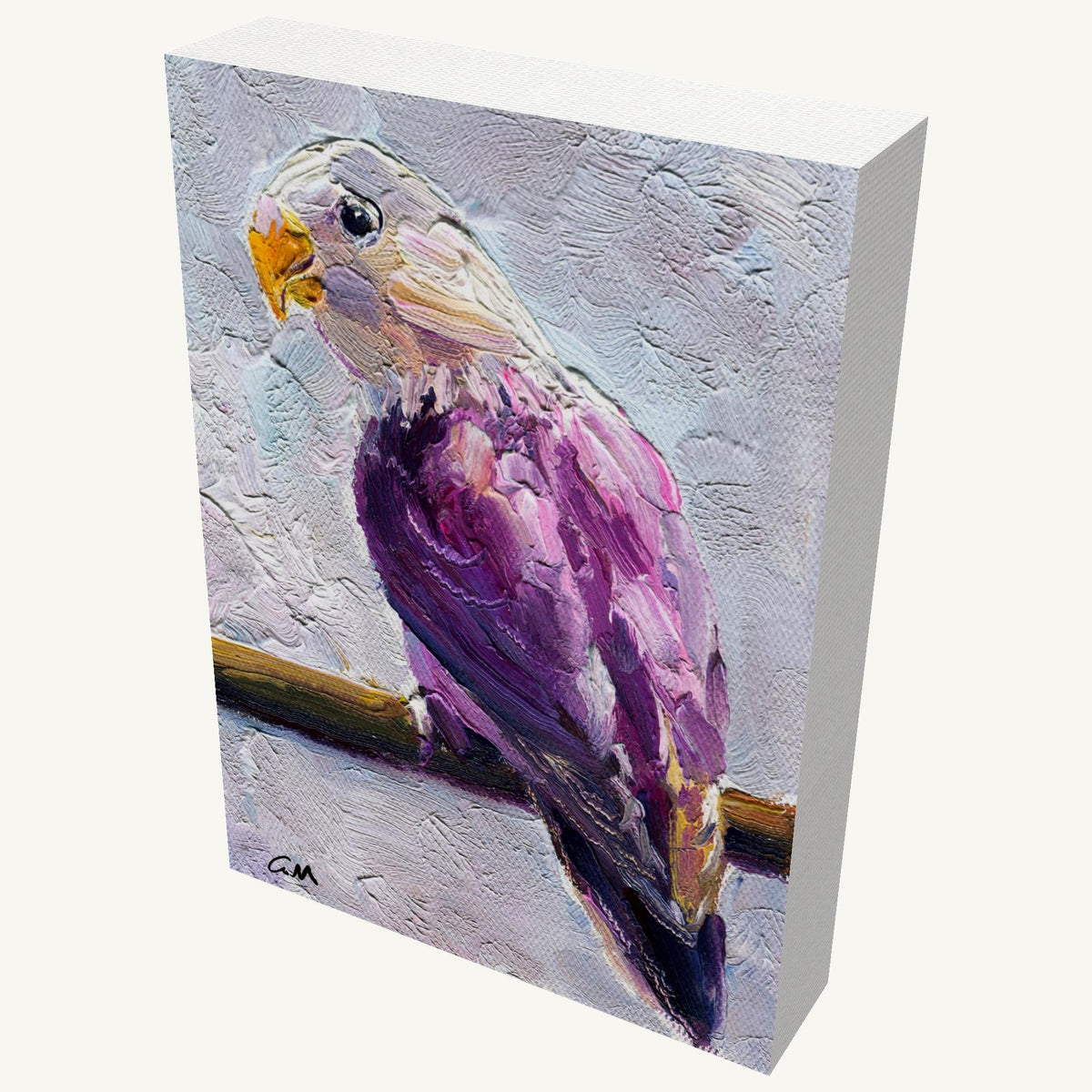 Textured oil painting of a purple parrot on canvas, gallery-wrapped with visible depth and side edges, signed by artist George Miller