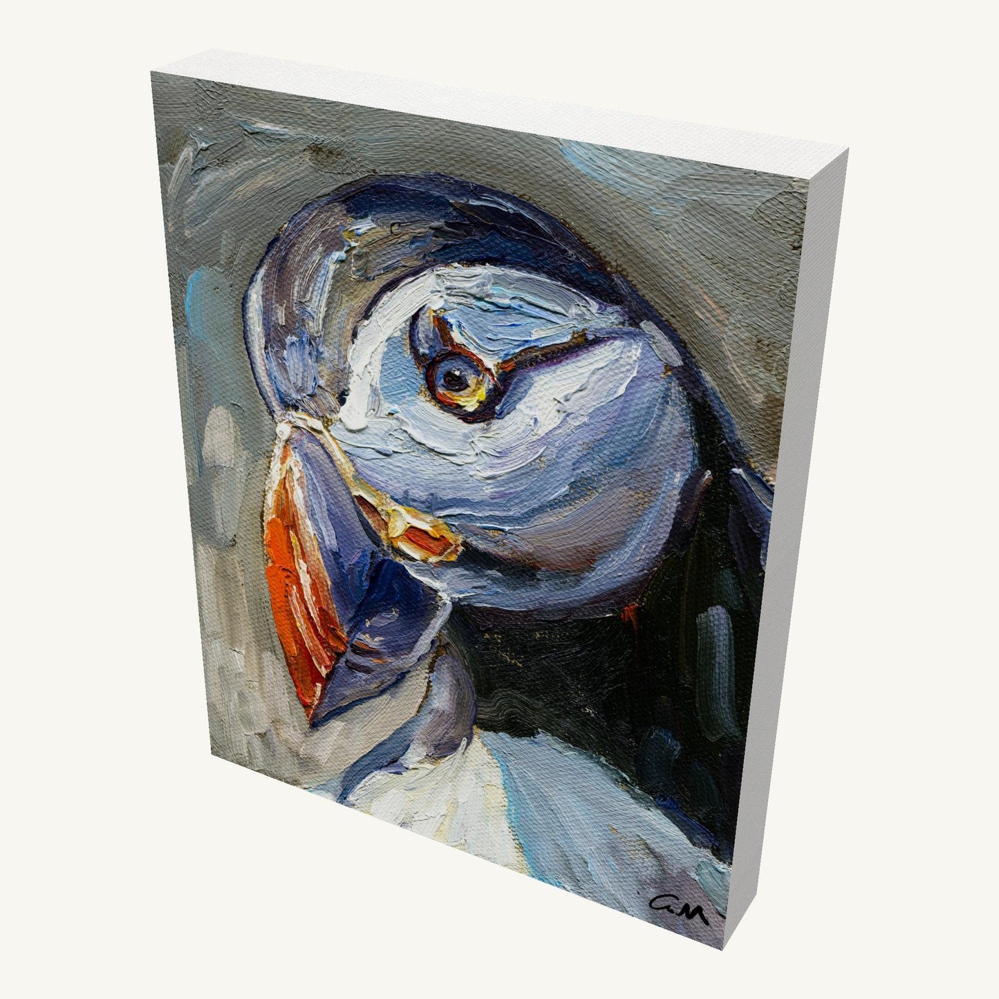 Expressive puffin portrait in oil on gallery-wrapped canvas, viewed at an angle, showing depth and painted sides, unframed and ready to hang