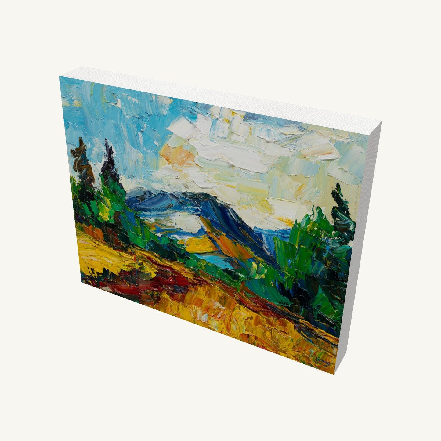 Gallery-wrapped oil painting of a mountain landscape with thick impasto texture, viewed at an angle showing canvas depth and painted sides, unframed and ready to hang