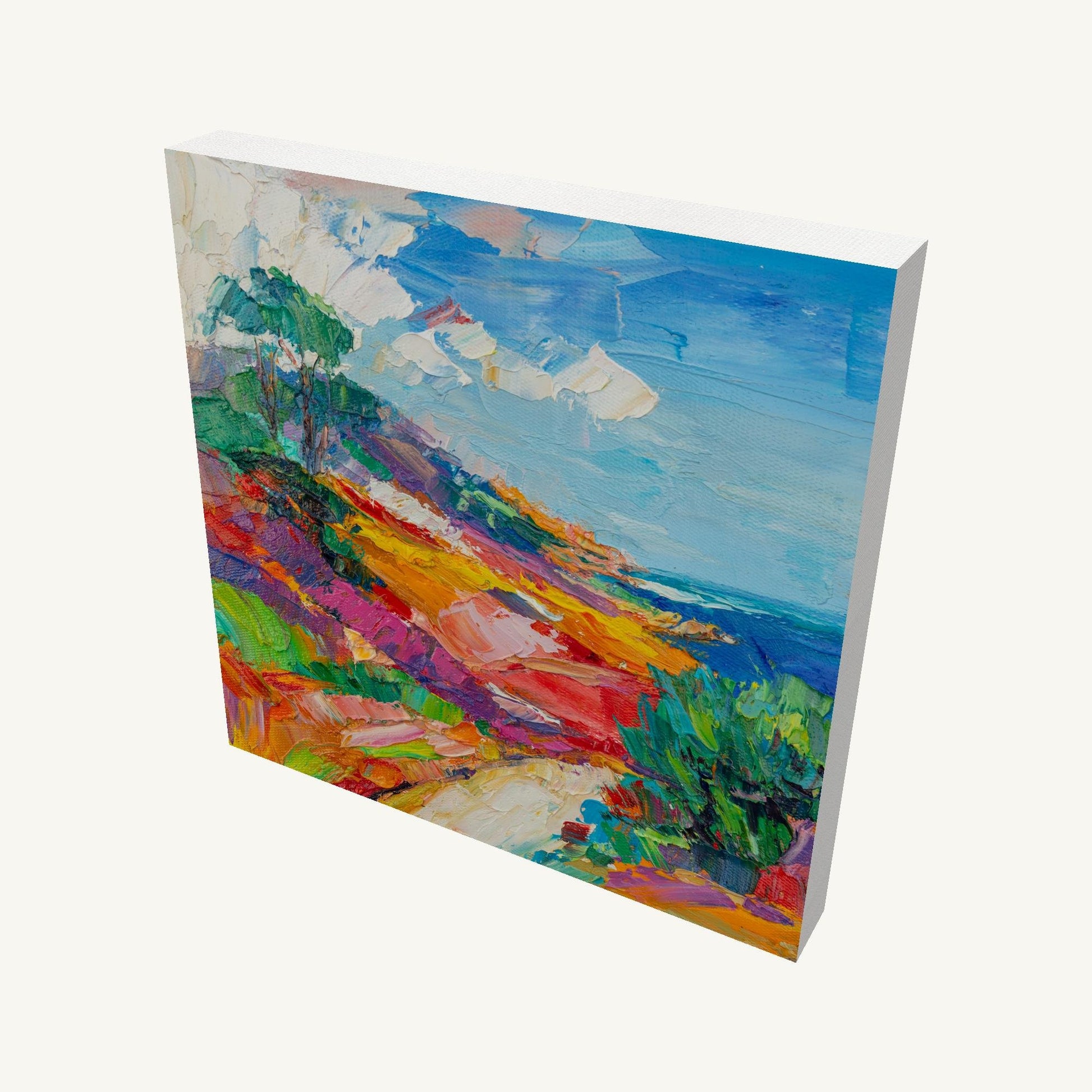 Hand-painted coastal landscape on gallery-wrapped canvas, viewed at an angle, showcasing vibrant colors and textured oil paint with visible depth and side edges