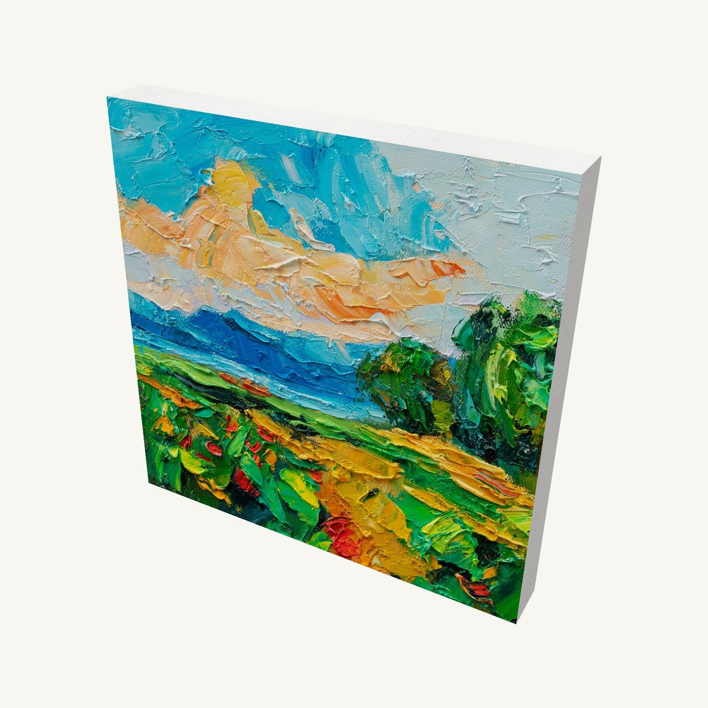 Impasto floral field sunset painting on gallery-wrapped canvas, angled view showing depth and textured brushwork, unframed and ready to hang