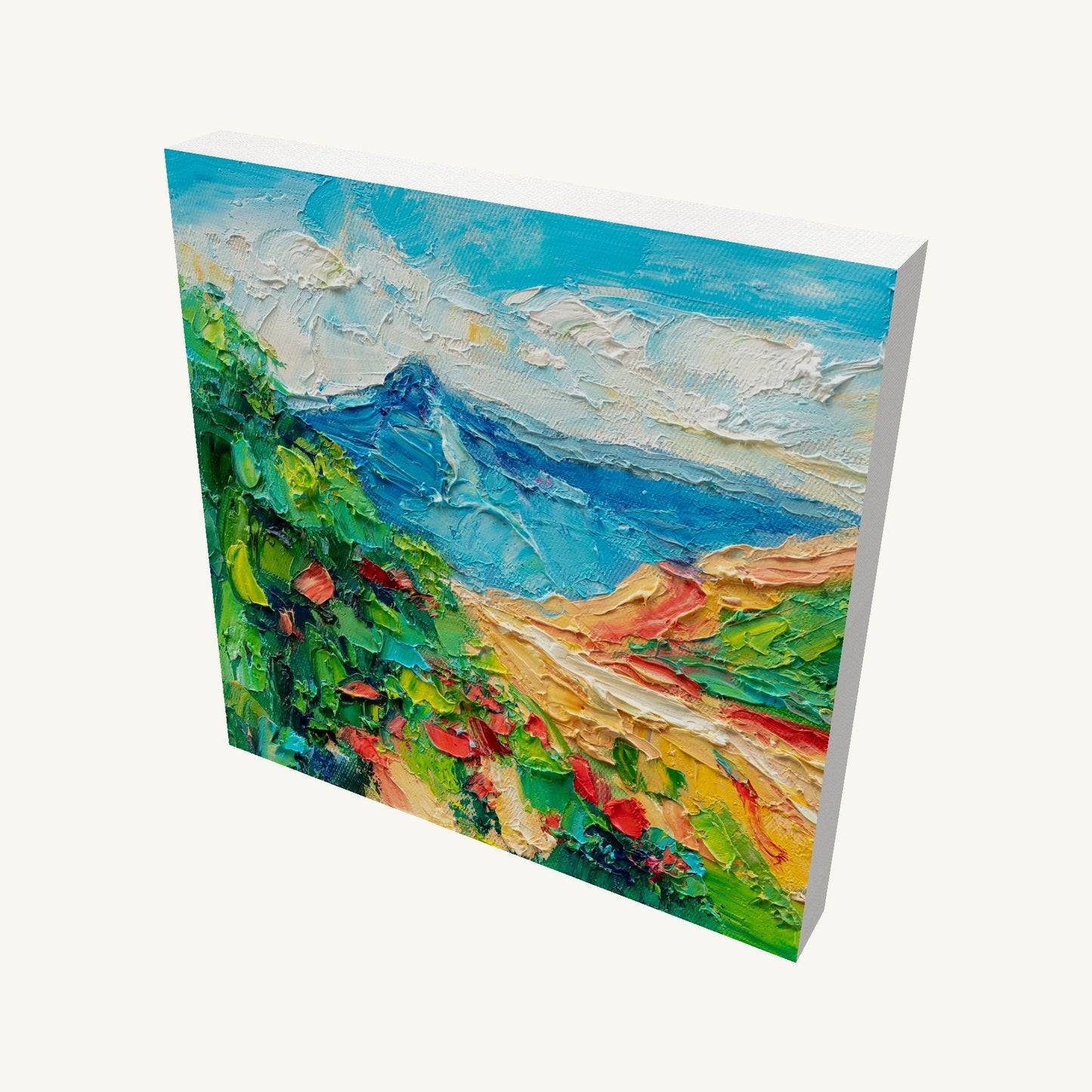 Abstract mountain landscape oil painting on gallery-wrapped canvas, viewed at an angle, showcasing textured brushwork and vibrant colors with visible depth and shadow