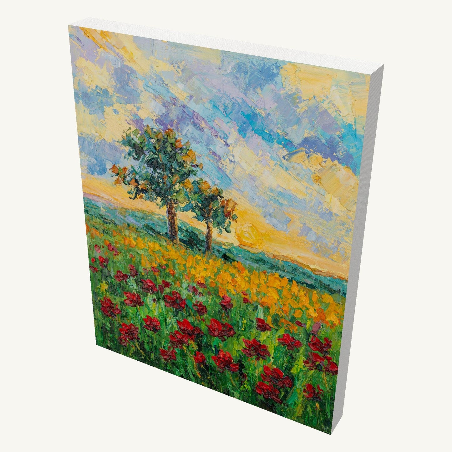 Vertical oil painting on gallery-wrapped canvas depicting a vibrant poppy field at sunset with trees, colorful sky, and visible side edges casting soft shadow