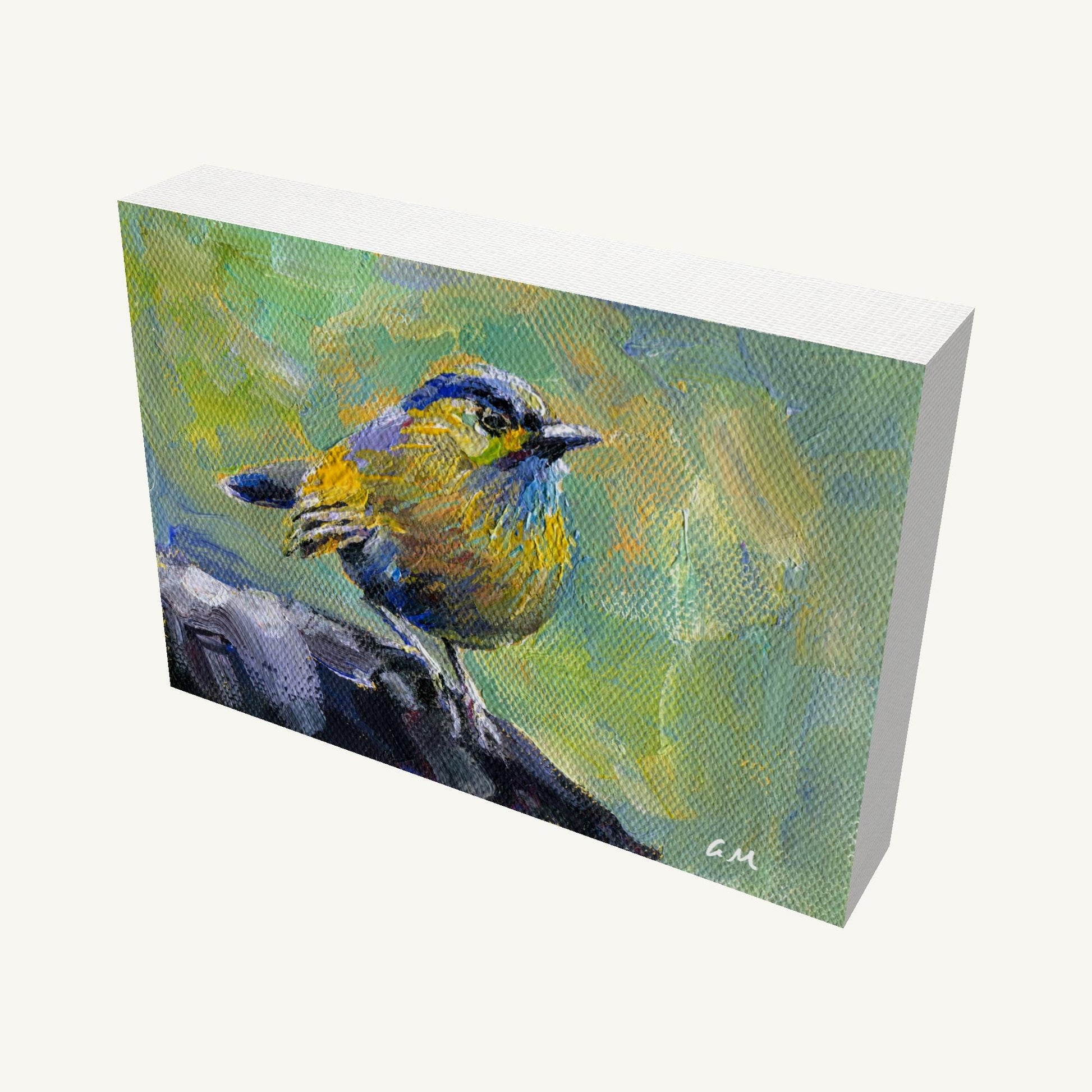 Hand-painted bird portrait on gallery-wrapped canvas, angled view showing depth and texture, unframed, initialed in corner