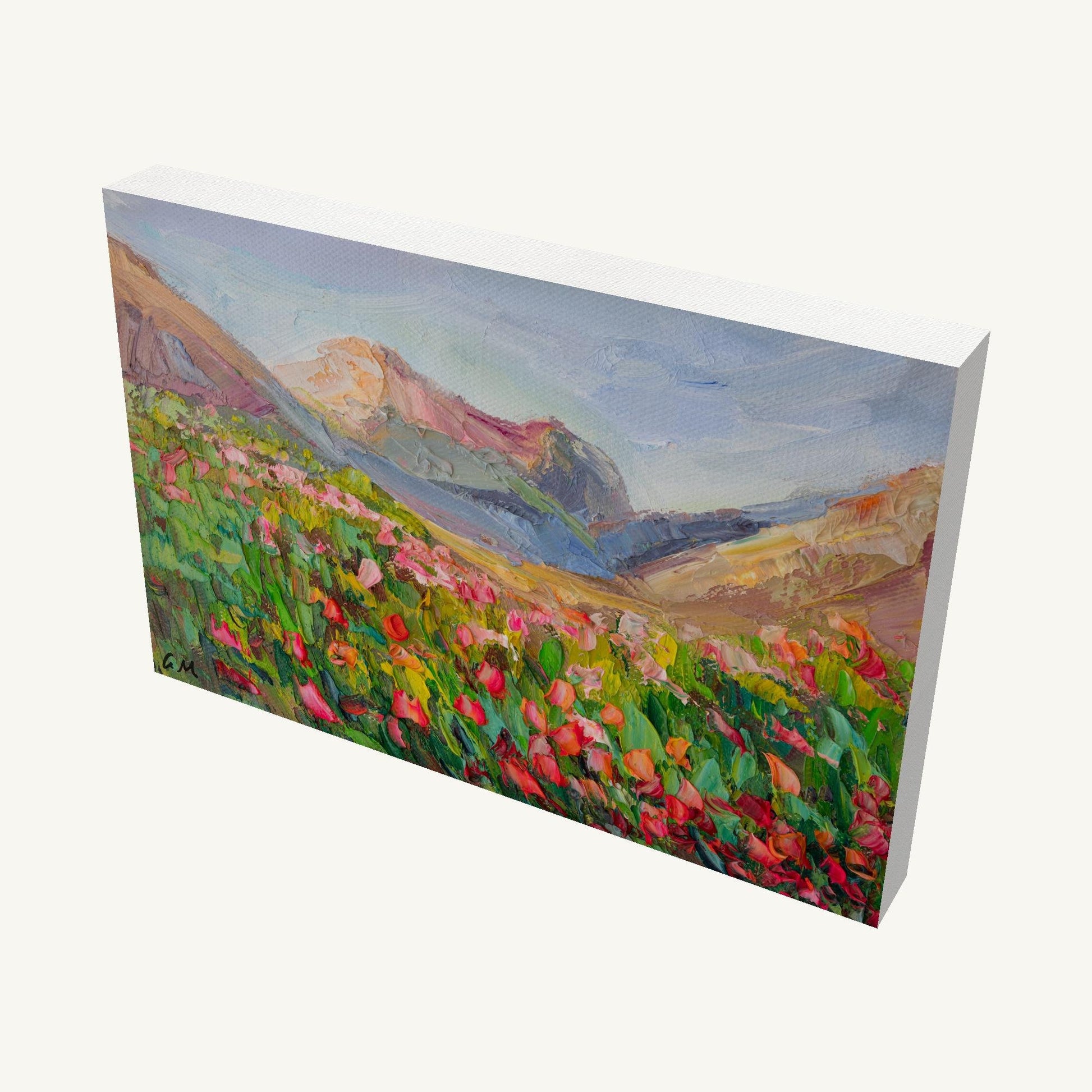 Hand-painted poppy meadow landscape on gallery-wrapped canvas, viewed at an angle, showing depth and painted sides, unframed and ready to hang