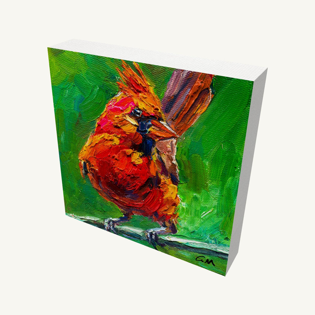 Vibrant oil painting of a cardinal bird in impasto style on gallery-wrapped canvas, viewed at an angle showing depth and texture, unframed and ready to hang