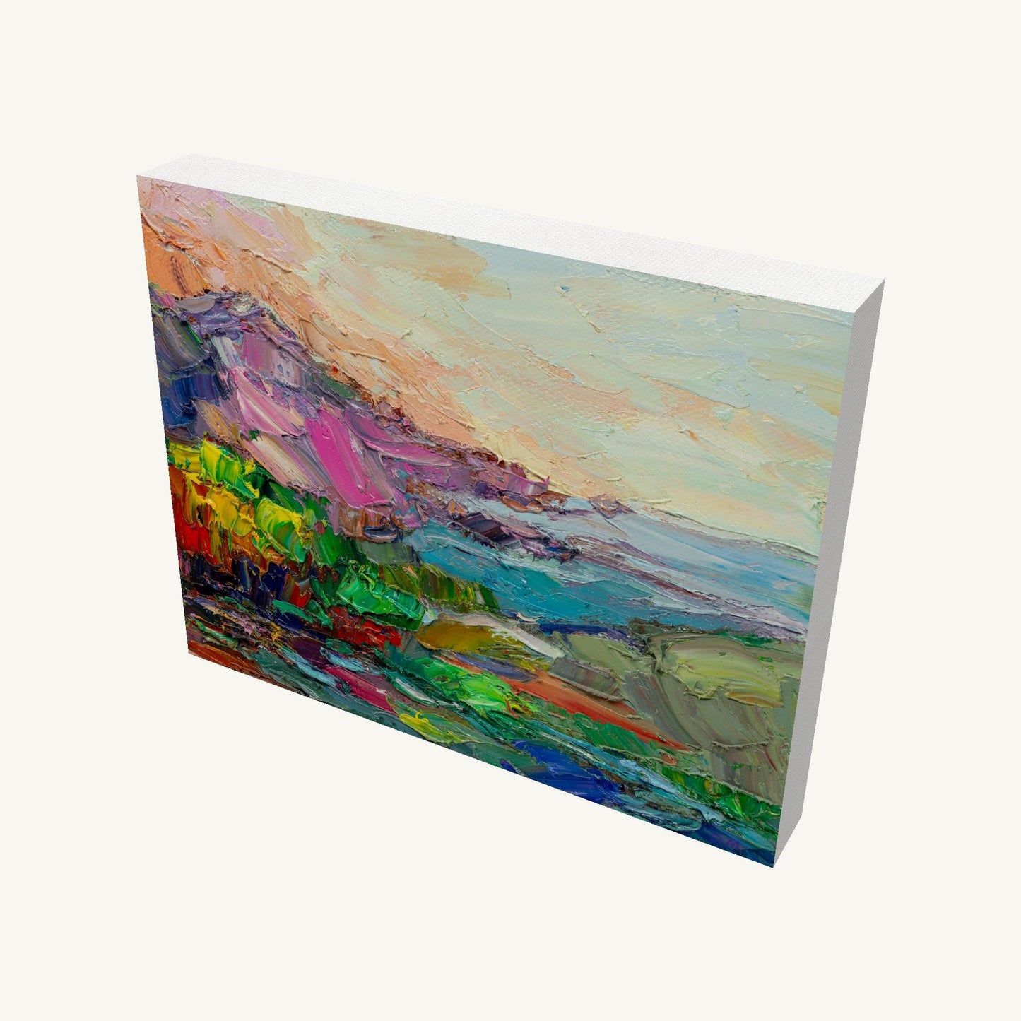 Abstract coastal landscape oil painting on gallery-wrapped canvas, viewed at an angle, showcasing textured brushwork and vibrant colors with visible depth and shadow
