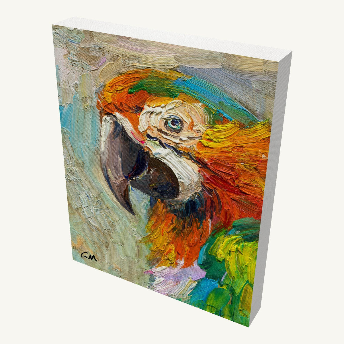 Vibrant oil painting of a macaw on gallery-wrapped canvas, viewed at an angle, showcasing textured brushwork and bold orange, green, and blue colors, unframed and ready to hang