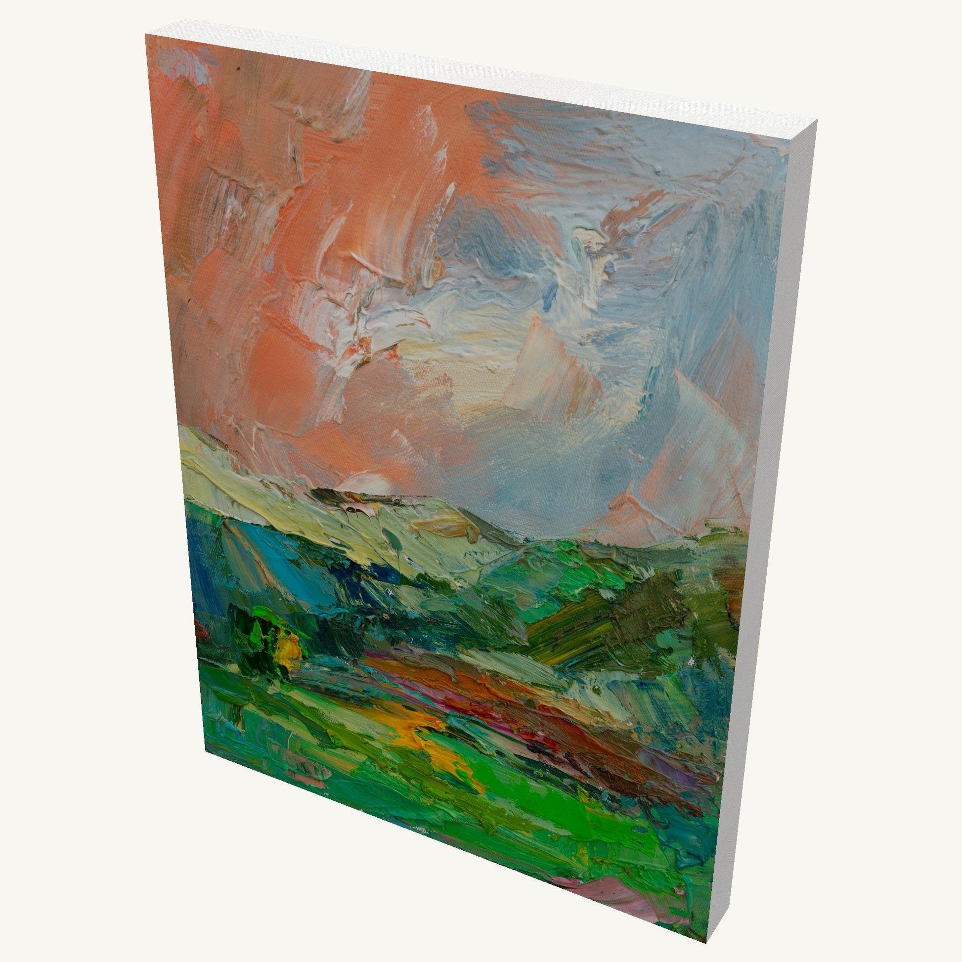 Vertical oil painting on gallery-wrapped canvas with impasto texture, depicting a vibrant landscape in green, blue, and orange hues, viewed at an angle showing depth and side edges
