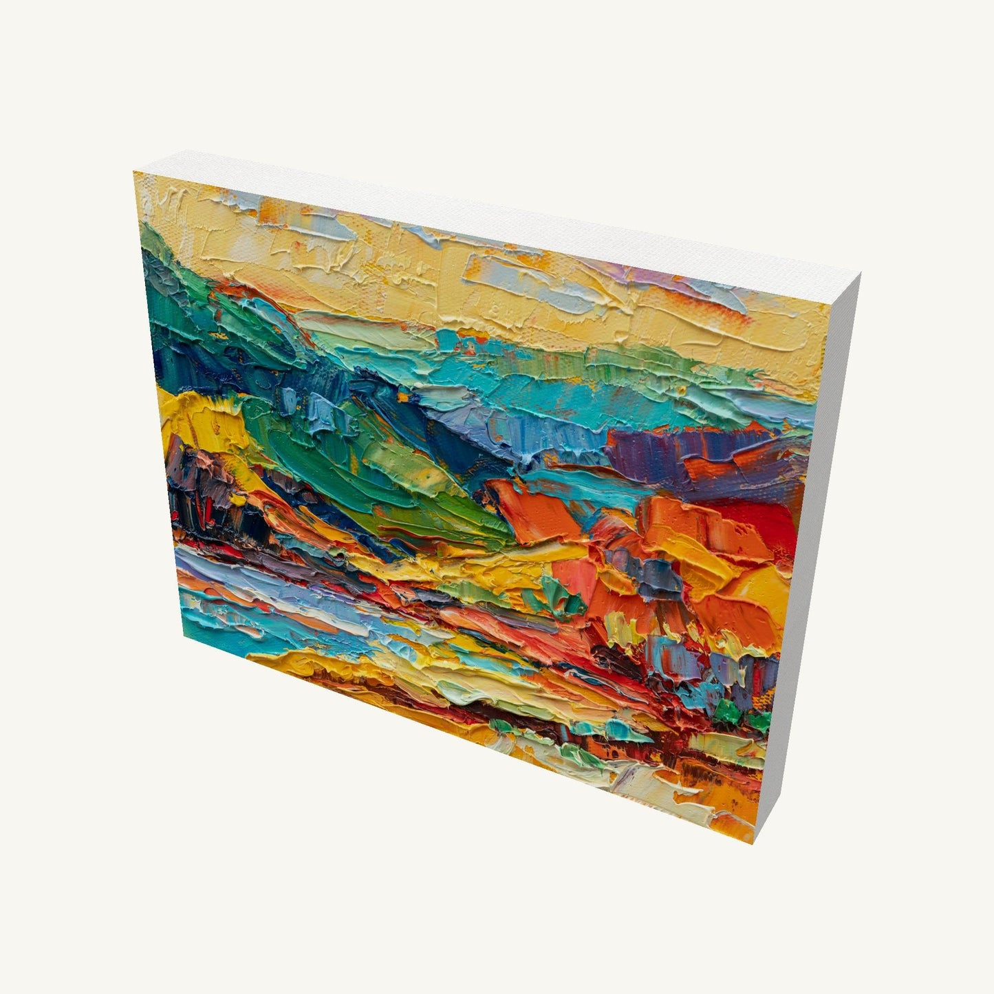 Vibrant abstract landscape painting on gallery-wrapped canvas, viewed at an angle, showcasing textured oil brushwork in bold blues, greens, yellows, and reds, with visible depth and side edges