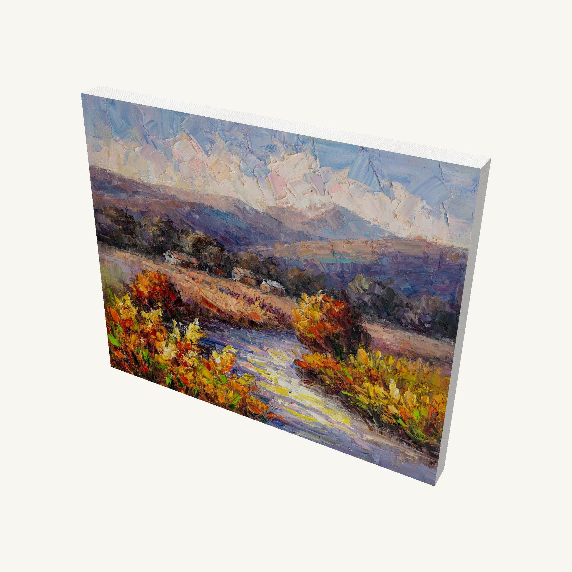 Serene autumn river scene painted in oil on gallery-wrapped canvas, viewed at an angle showing depth and side edges, unframed and ready to hang