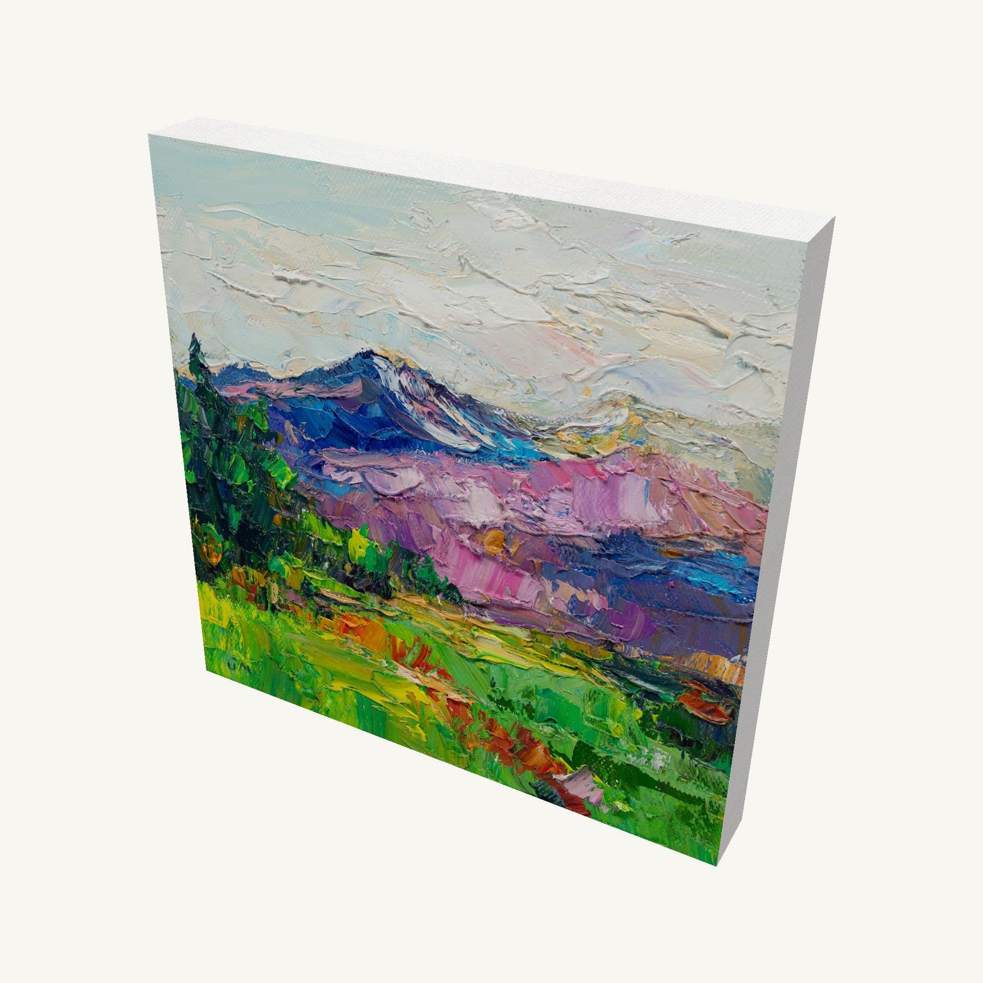 Expressive mountain landscape oil painting on gallery-wrapped canvas, viewed at an angle, showcasing textured brushwork and vibrant colors with visible depth and side edges
