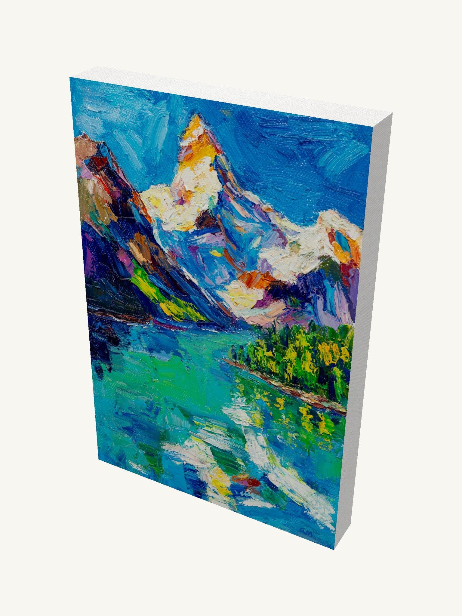 Hand-painted Alpine Lake landscape on gallery-wrapped canvas, vertical orientation, vibrant blues and greens, textured oil paint, unframed, viewed at angle with visible depth and shadow