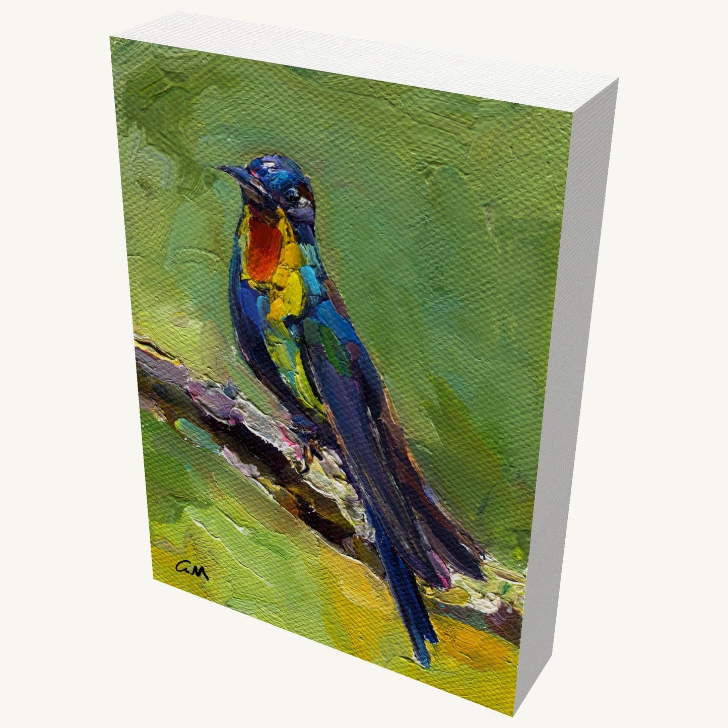 Vibrant abstract bird portrait in oil on gallery-wrapped canvas, viewed at an angle, showcasing textured brushwork and colorful plumage against a green background