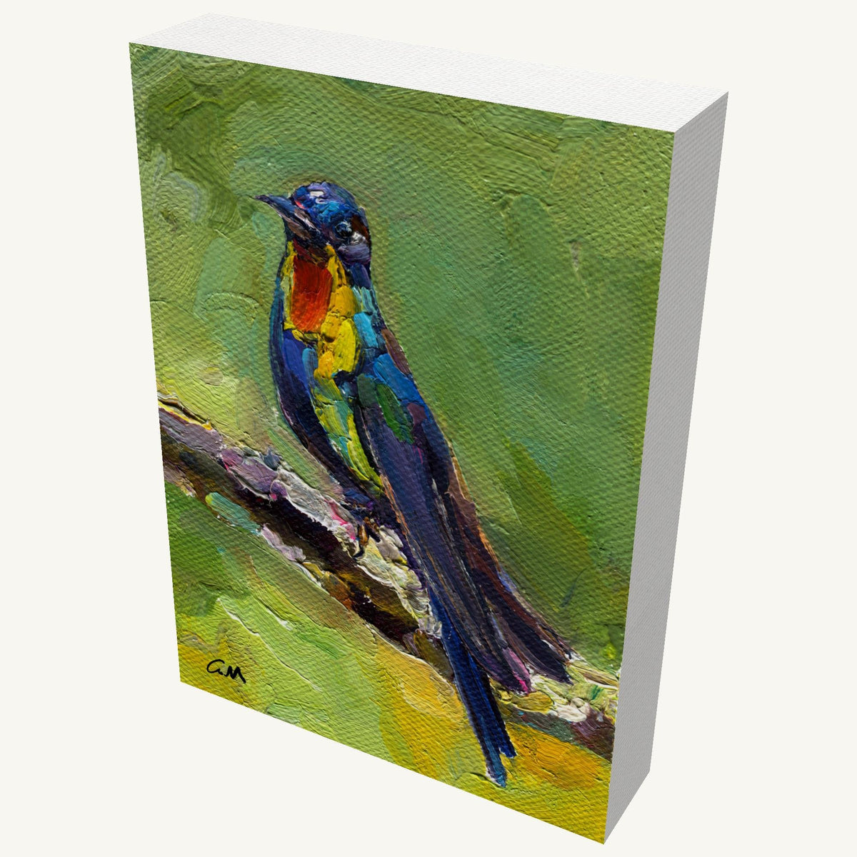 Vibrant abstract bird portrait in oil on gallery-wrapped canvas, viewed at an angle, showcasing textured brushwork and colorful plumage against a green background