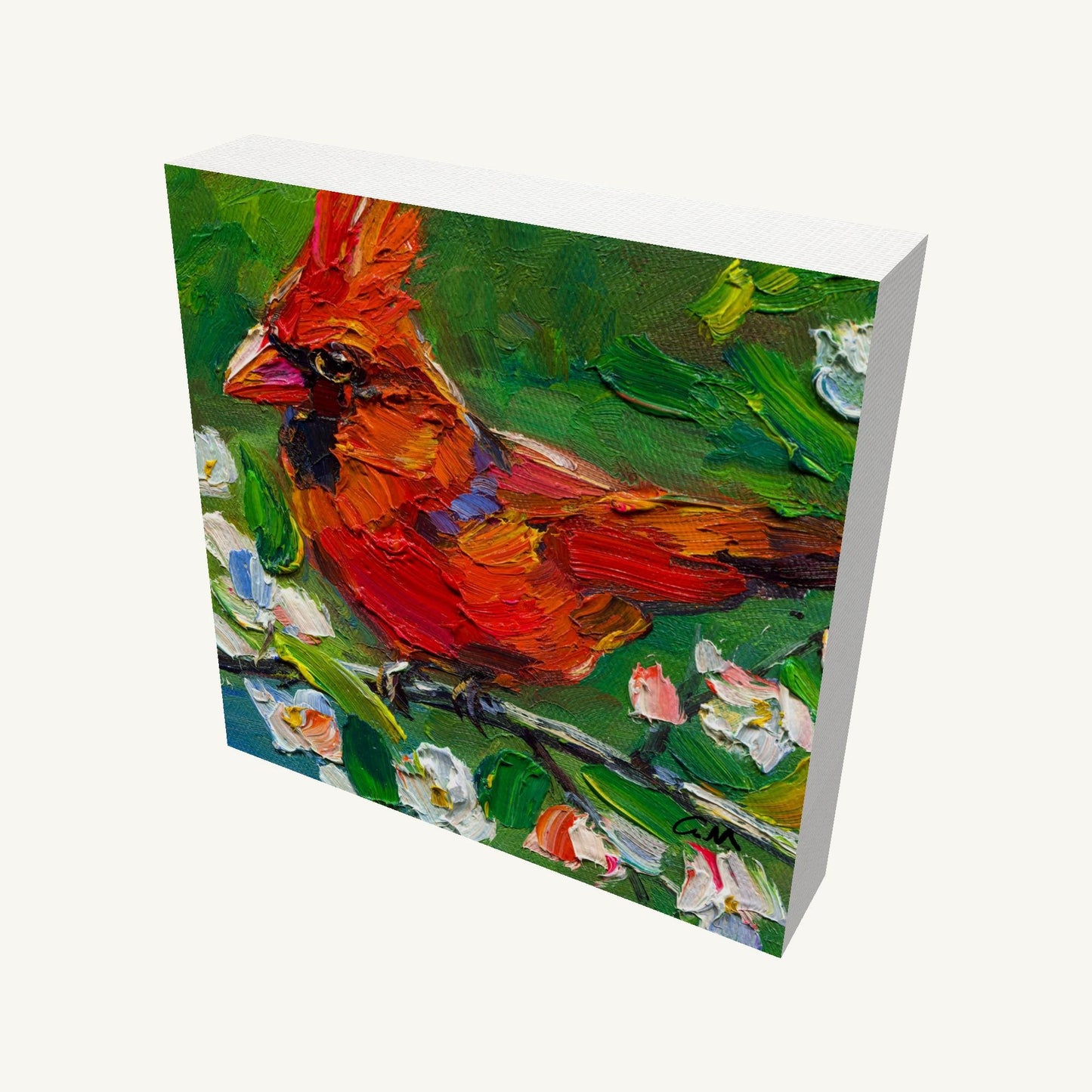 Vibrant red cardinal perched on a floral branch in thick impasto oil painting, gallery-wrapped canvas with visible depth and painted sides, unframed and ready to hang